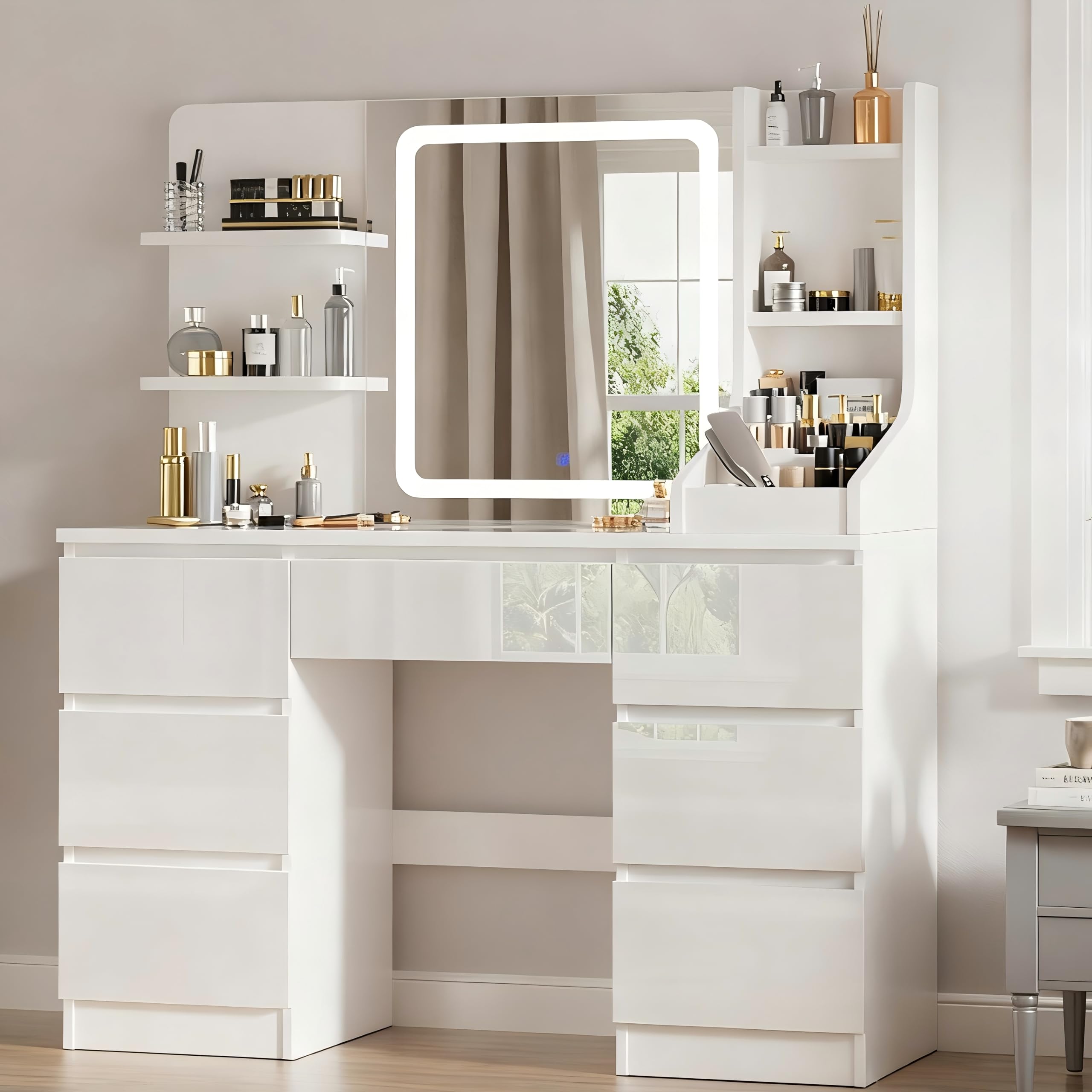 TRIUMPHKEY Dressing Table, Vanity Desk with LED Mirror, Adjustable Brightness, Modern Vanity Table with 7 Drawers, 4 Shelves and 3 Open Compartments for Bedroom, 108x40x139cm (High Gloss White)