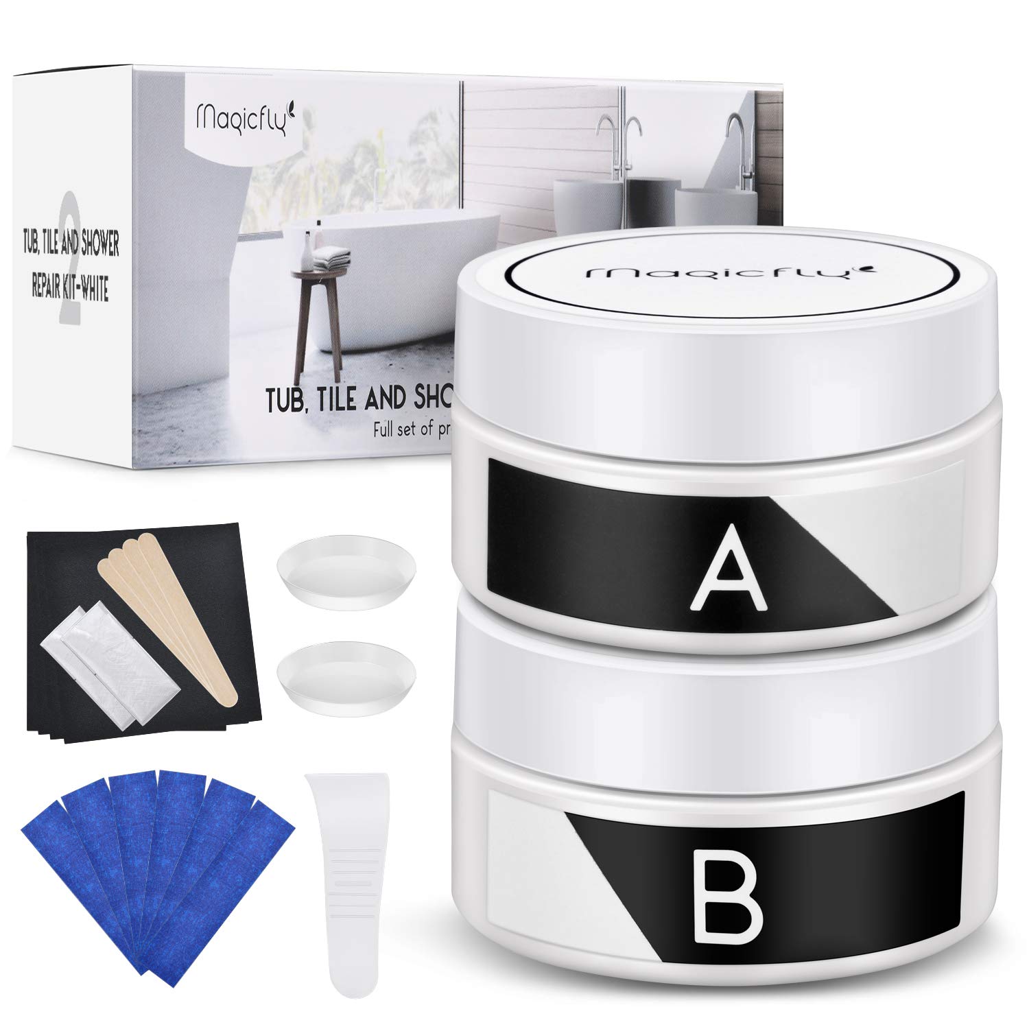 Magicfly Bathtub Repair Kit White, Fiberglass Tub Repair Kit with Wet Sandpapers for Cracks and Holes Repair on Acrylic and Porcelain Surface, Shower Repair Kit for Tile, Sink Repair