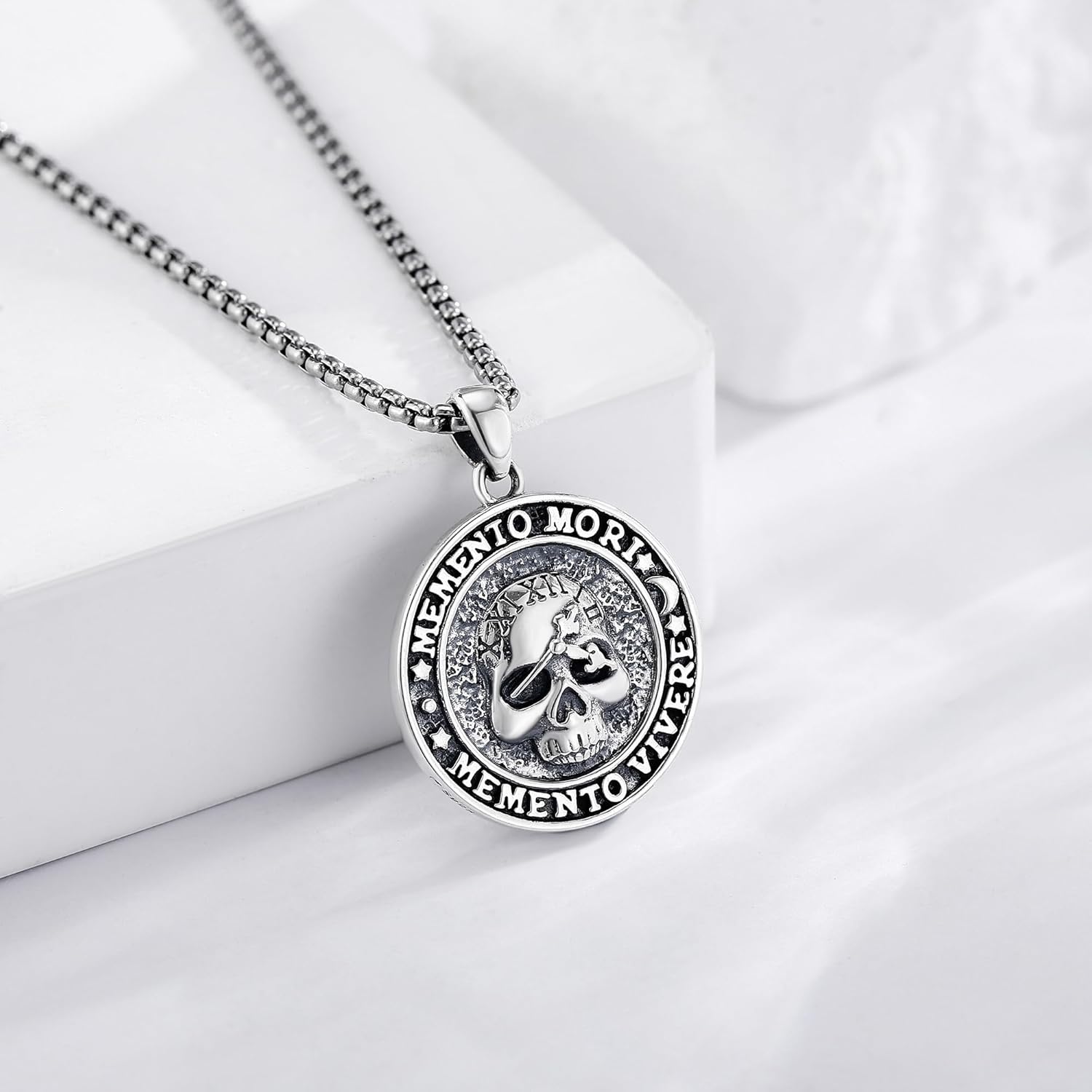 Memento Mori Necklace 925 Sterling Silver Memento Mori Pendant Skull Clock Jewelry Gifts for Men - Image 2