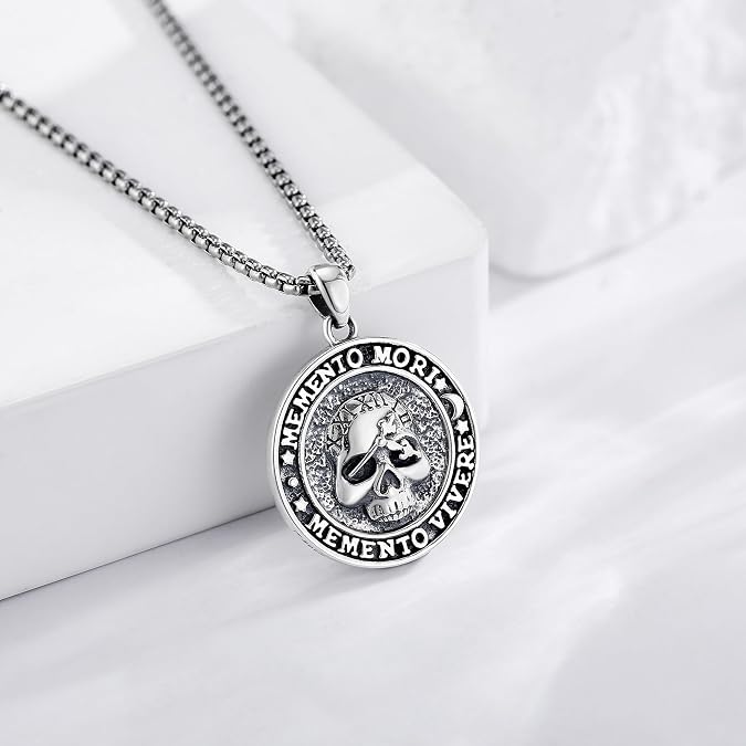 Memento Mori Necklace 925 Sterling Silver Memento Mori Pendant Skull Clock Jewelry Gifts for Men