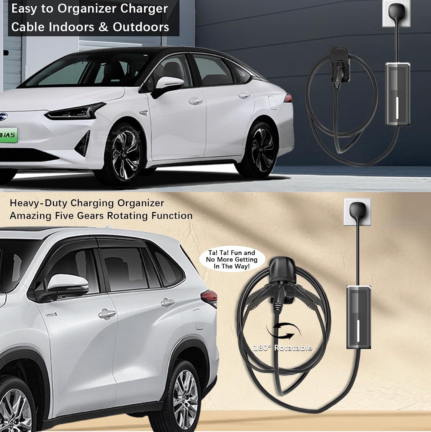 EV Charger Holder Wall Mount, EV Charging Cable Holder for Electric Vehicle Mobile Connector Organizer, Upgraded Rotatable J1772 Plug Hangers