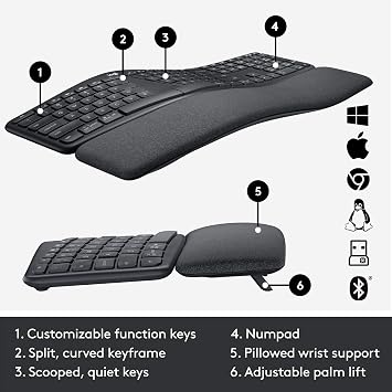 Logitech Ergo K860 Wireless Ergonomic Keyboard with Wrist Rest and MX Vertical Wireless Mouse