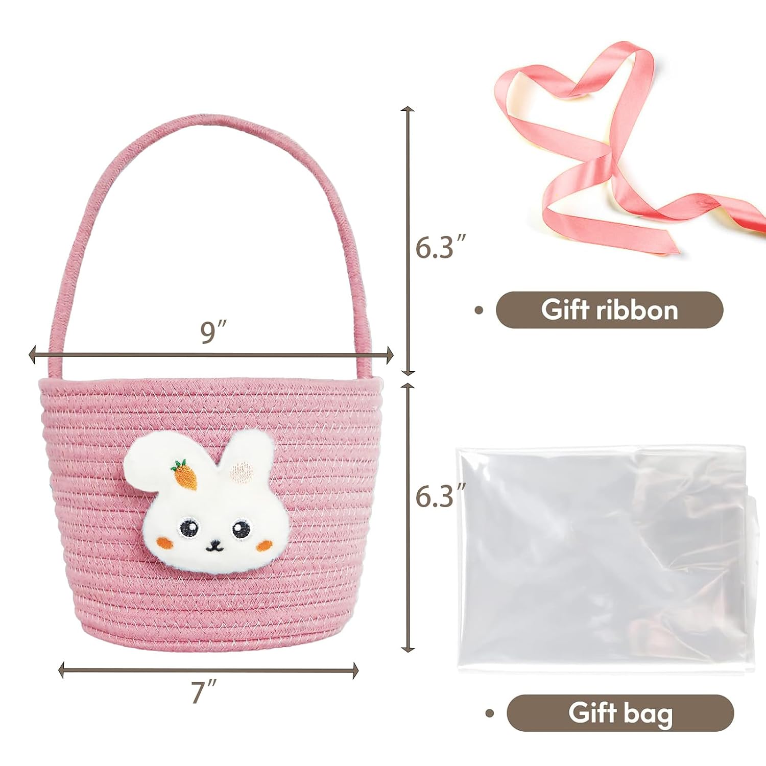 Poschnor Easter Basket for Kids, Easter Bunny Basket with Gift Bags and Ribbons, Woven Cotton Rope Egg Easter Baskets for Girls, Boys, Toddler, Babies, Pink