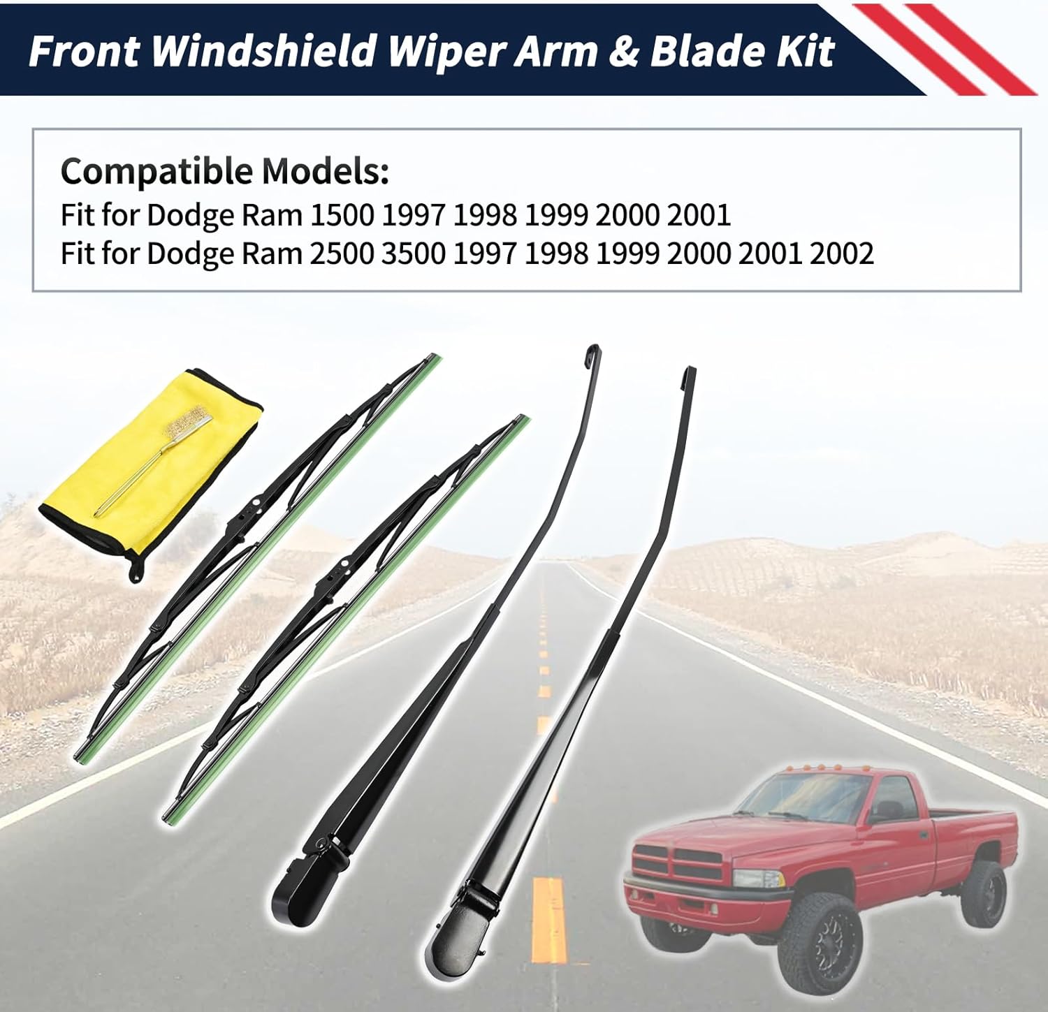 1 Pair Front Windshield Wiper Arm & 20" Blade Kit 55154582AC Compatible With Dodge Ram 1500 1997-2001 / Ram 2500 3500 1997-2002, Replace 55154582AB