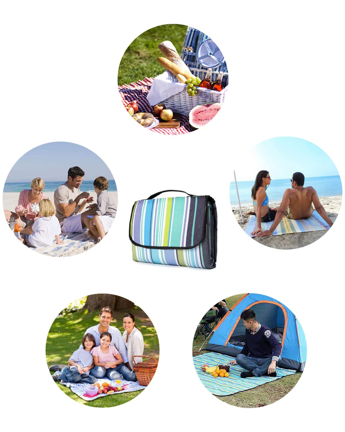 LIVEHITOP Coperta da PIC-nic 200x200 cm Impermeabile - Tappeto da Spiaggia Anti Sabbia Grande con Manico per All'aperto Campeggio Estate, Blu Striscia