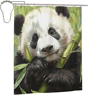 Realistic Panda Eating Bamboo Waterproof Shower Curtain, Modern Bathroom Shower Curtain with 12 Hooks, Polyester Fabric