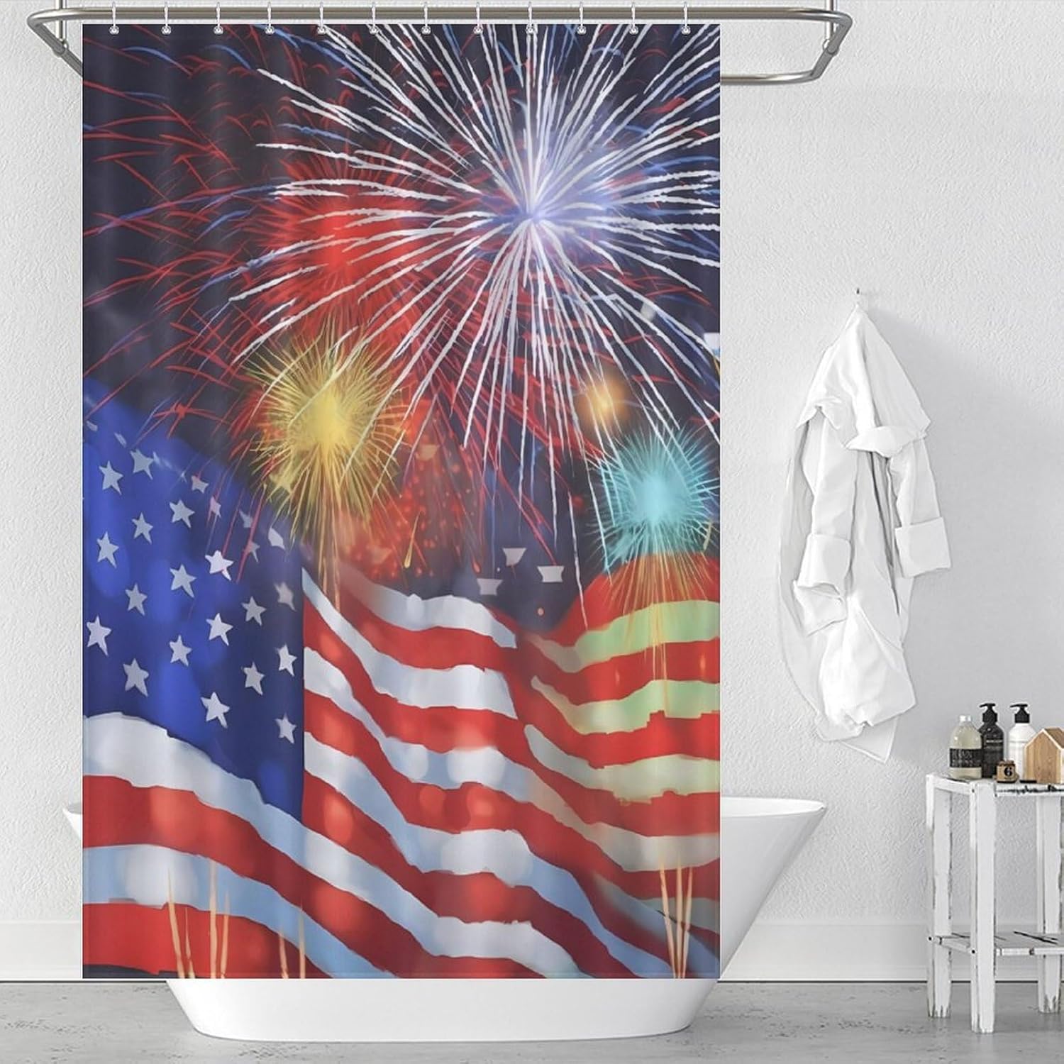 Firework Memorial Day July of 4th Funny Shower Curtains Washable Bath Curtain Liner with Hooks for Bathroom Bath Tubs