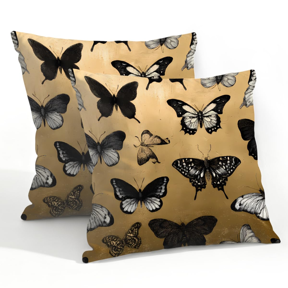 Outdoor Pillow Covers Waterproof Pillowcases 22x22in Set of 2 Black Butterfly On Viintage Decorative Throw Cushion Case for Couch Sofa Garden Patio Furniture