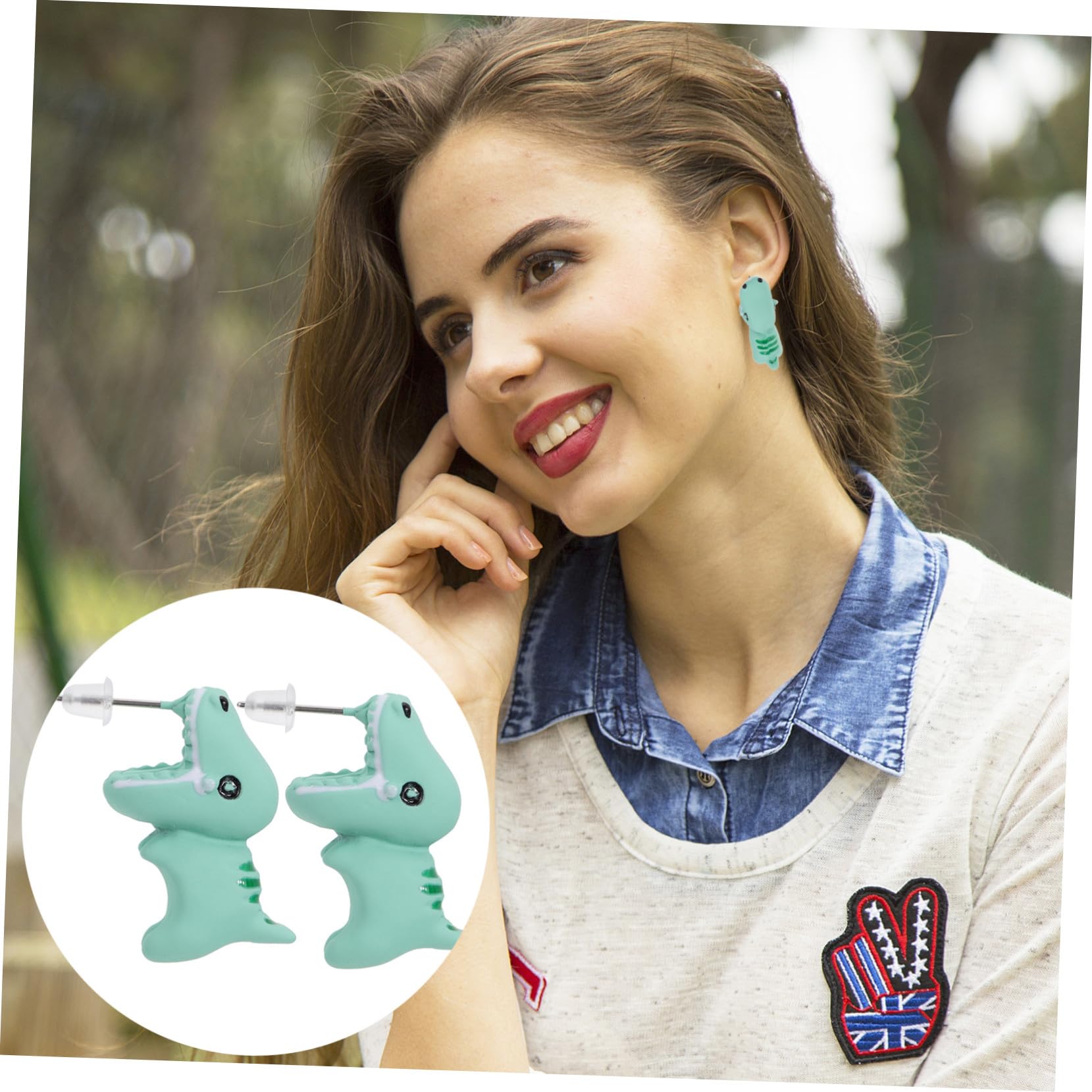 Orecchini a Bottone a Forma di Animale, 1 Paio, Verde | Argilla Polimerica, Catenella Pendente Inclusa, per Anniversario e Compleanno, Idea Regalo per Sposa e Amiche