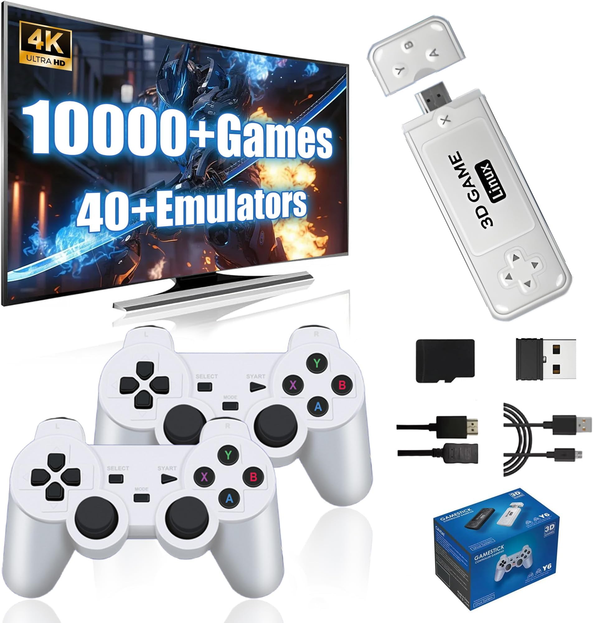 Y6 Retro Game Stick Gaming Console 4k with Built-in 10000+ Retro Games 40+ Emulators, 2 x 2.4G Wireless Controllers, Portable Plug & Play Video Games for Best Gift (64G)