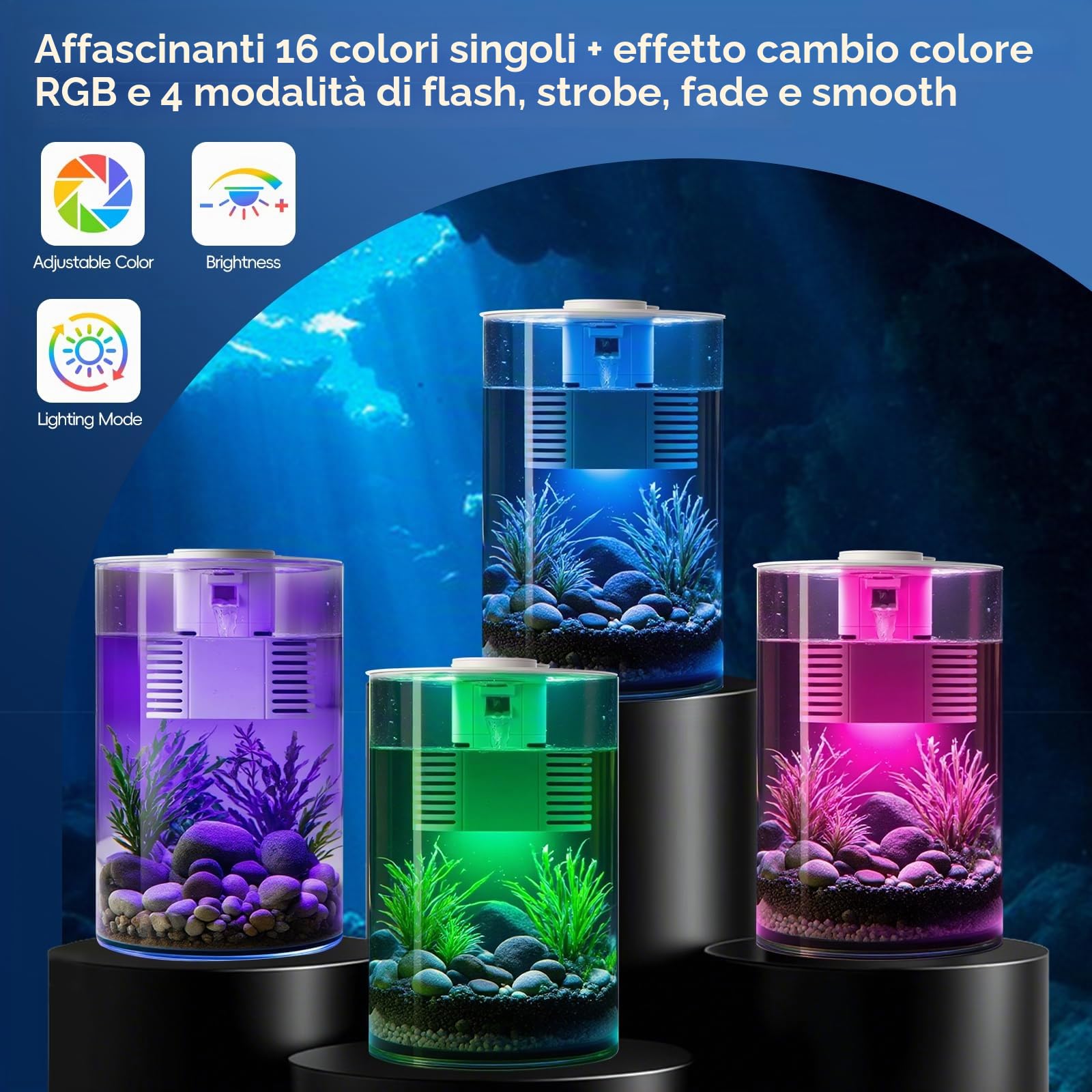Acquario per pesci, kit di avviamento per acquario da 3 galloni con filtro e illuminazione a LED (17 colori a scelta), acquario con vista a 360 gradi per piccoli pesci, acquario da tavolo