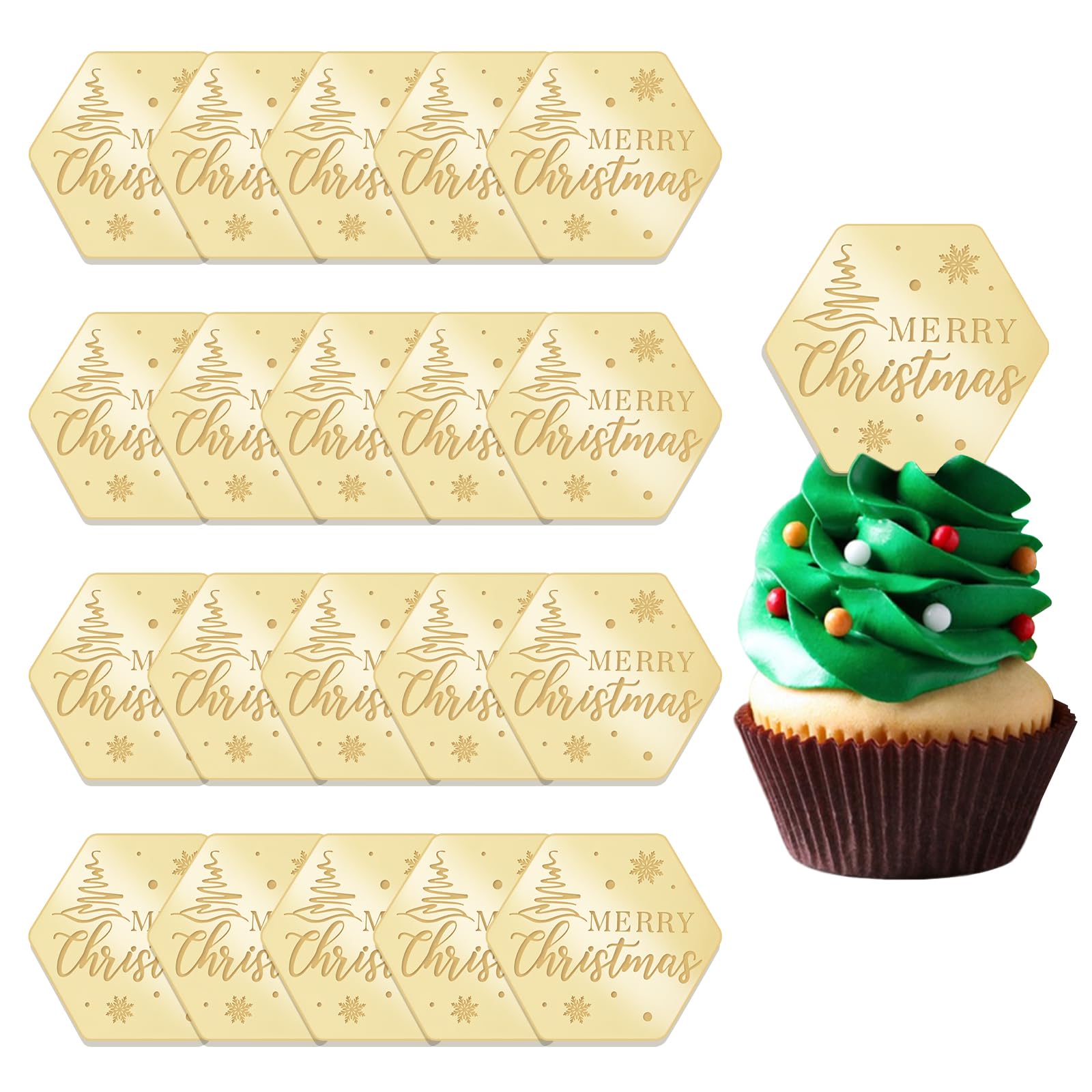 URROMA 20Pcs Merry Christmas Cupcake Toppers, Snowflake Golden Hexagon Acrylic Cupcake Charm Christmas Tree Mirror Cake Discs for DIY Decor Supplies