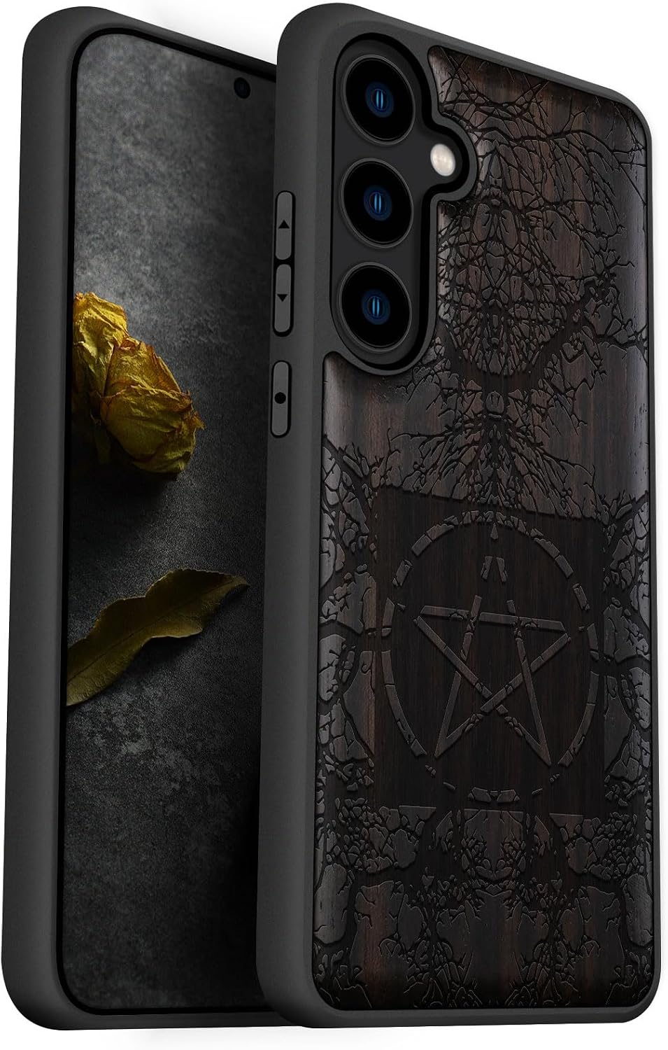 Carveit Wood Case for Galaxy S24 Plus Case [Natural Wood & Black Soft TPU] Shockproof Protective Cover Unique Wooden Design Compatible with S24 Plus (Ancient Roots, Esoteric Paths-Blackwood)