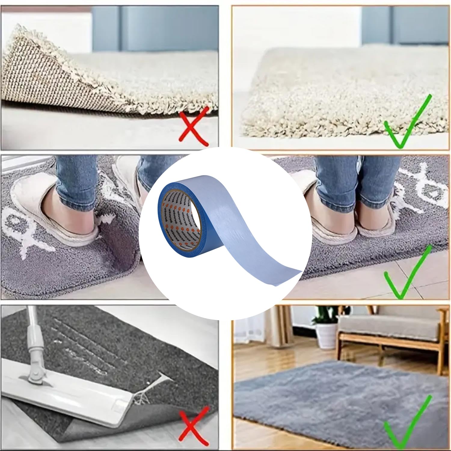 (3 ADET) Kaydırmaz Kaymaz Çift Taraflı Yapıştırma Sabitleme Kilim Halı Bandı 50 mm x 10 Mt Bant