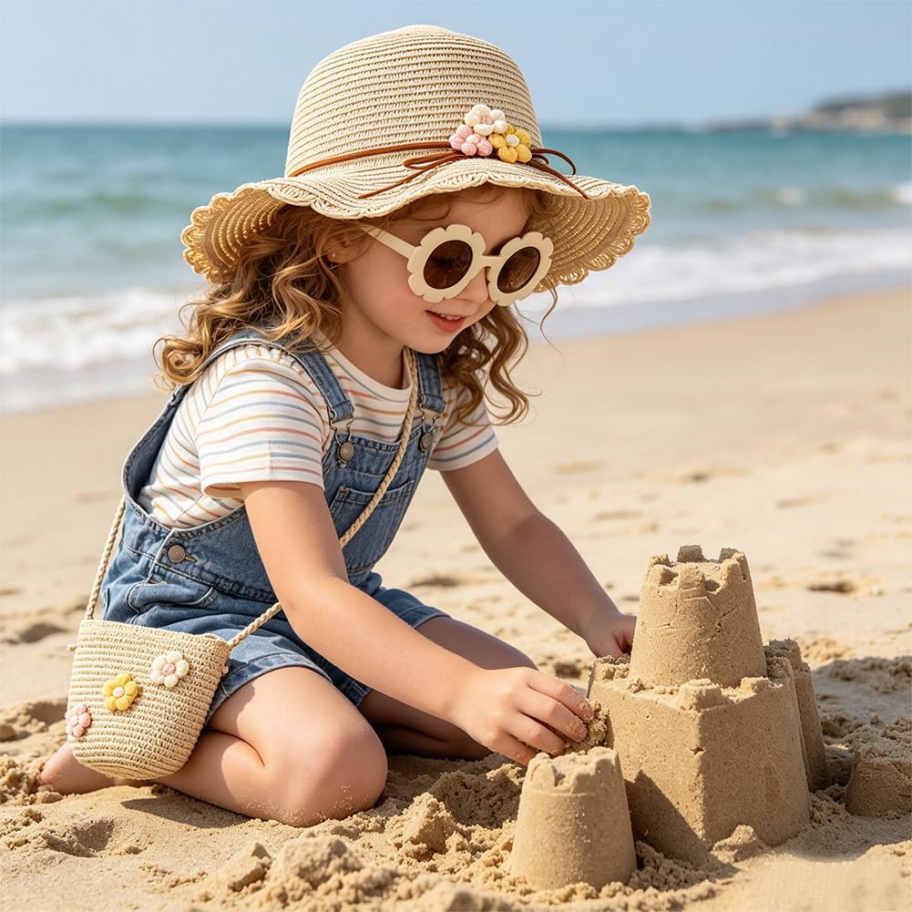 Sombrero de Paja Niñas, Gorra de Sol Chica y Bolsa de Paja Set Gorro de Playa Gafas de Sols Playa de Verano Sombrero Mini Bolsa Cruzada de Pajas Sombreros para Viaje Beach Piscina(Beige)
