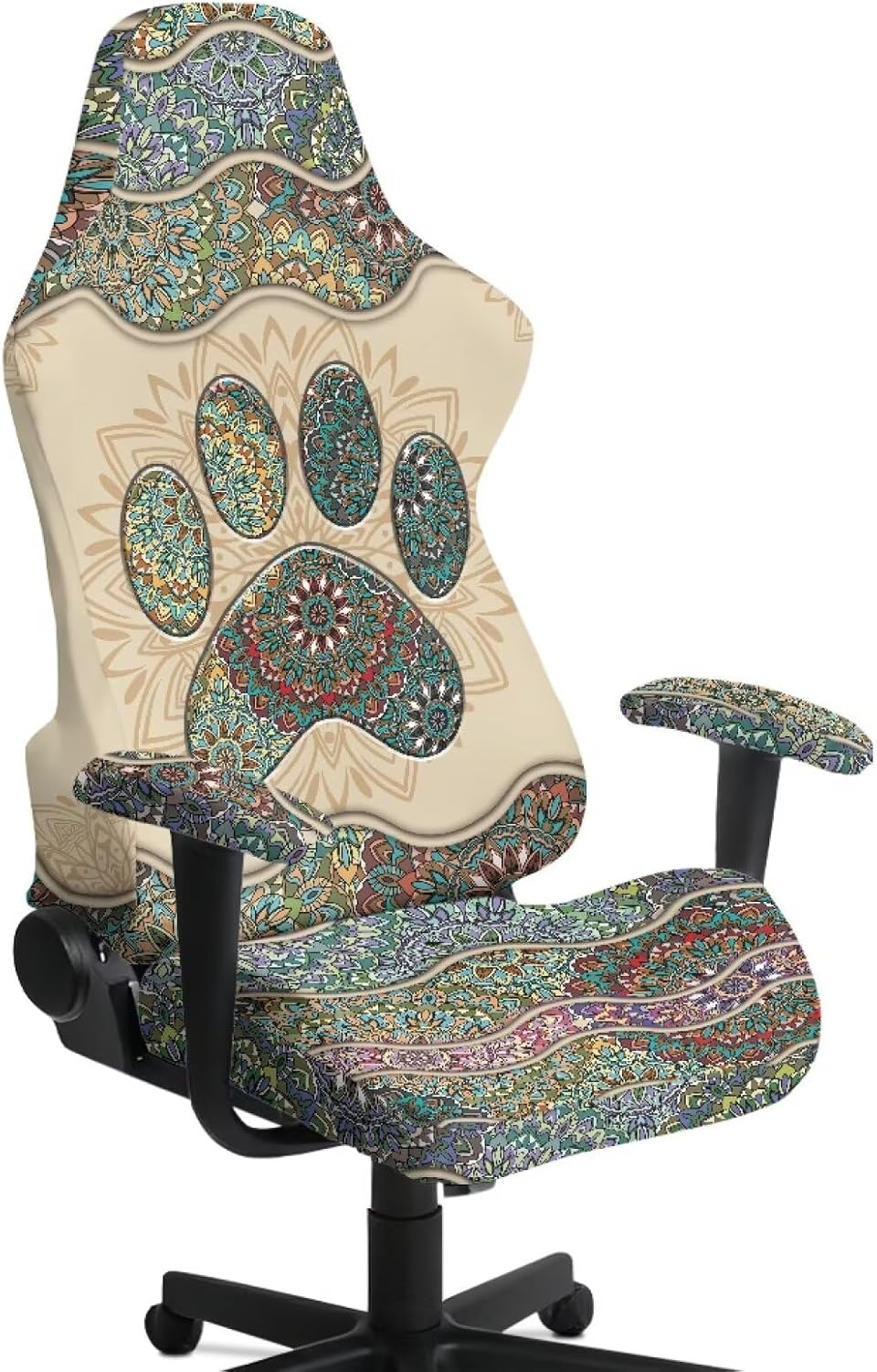 Bohemian Mandala Paw Beige Cyan 4 Pieces Gaming Chair Slipcover with Armrest Covers Stretch Rotating Gaming Chair Protector Office Desk Chair Cover Cat Scratch Proof
