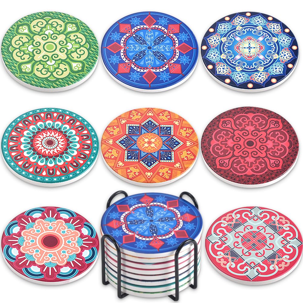 Newk Coasters for Drinks Set of 8 Ceramic Absorbent with Metal Holder