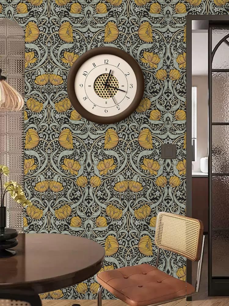 William Morris Peel and Stick Wallpaper - Green Floral Decals Contact Paper for Bathroom and Kitchen Backsplash- Boho Vintage Flower Leaf Adhesive Removable Wall Paper for Bedroom 17.5" x 393.7"