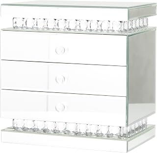 Deco 79 Wooden Mirrored 3 Drawers Jewelry Box with Crystal Embellishments, 11" x 8" x 11", Silver