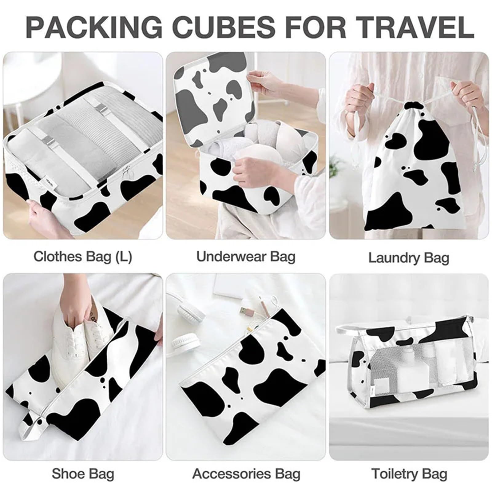 Set di 8 borse da viaggio, organizer portatile pieghevole for bagagli, for scarpe, vestiti, organizer for guardaroba, valigia Per Risparmiare Spazio Nella Valigia(Black white)
