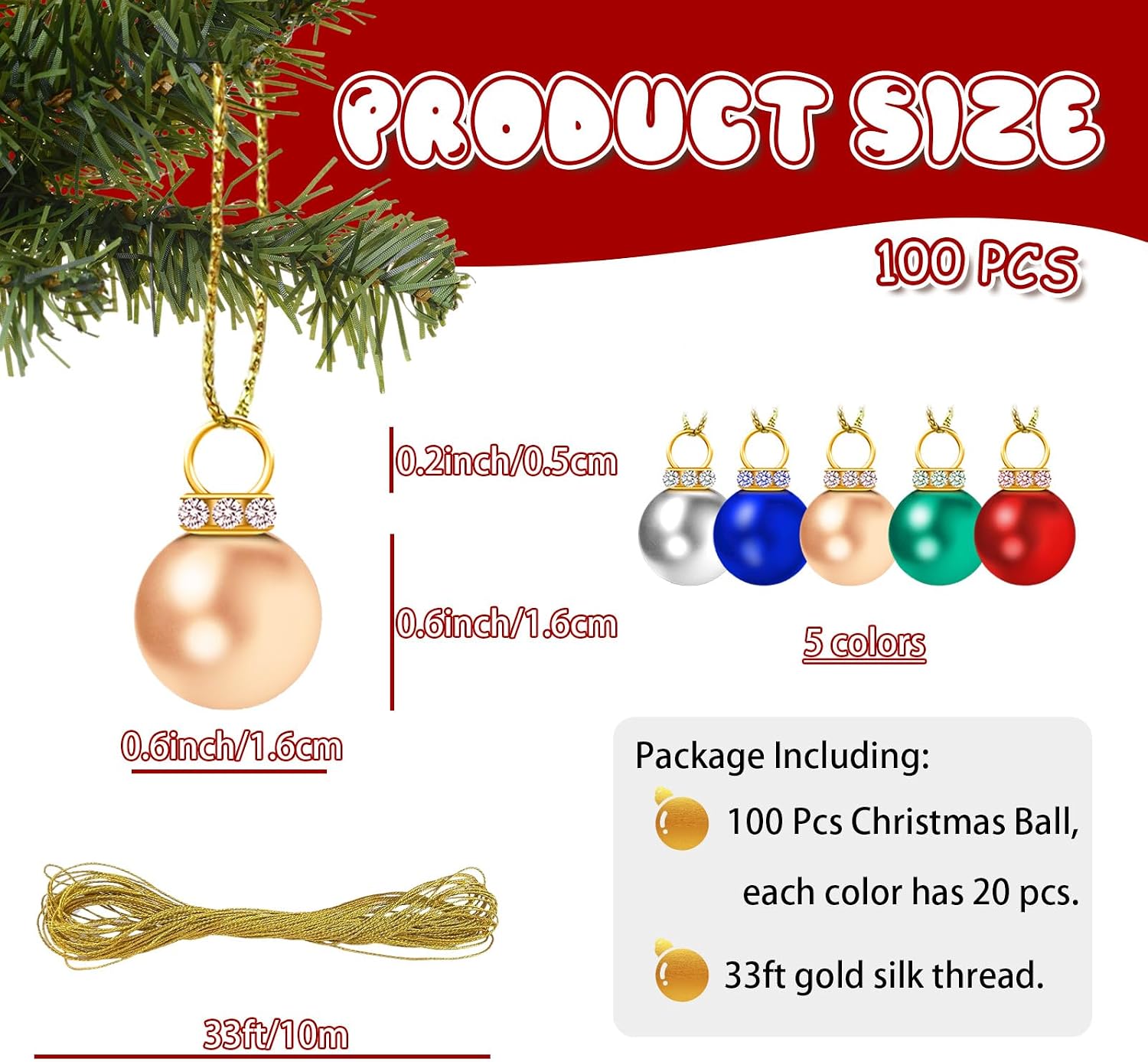 100 Pcs Christmas Ball Ornaments,Mini Glitter Multicolor Christmas Ball,Xmas Tree Hanging Decorations Pendants for Party,Decor,Outdoor,Indoor,DIY,Craft,Holiday Supply,Gift Fillers,0.6"/16mm