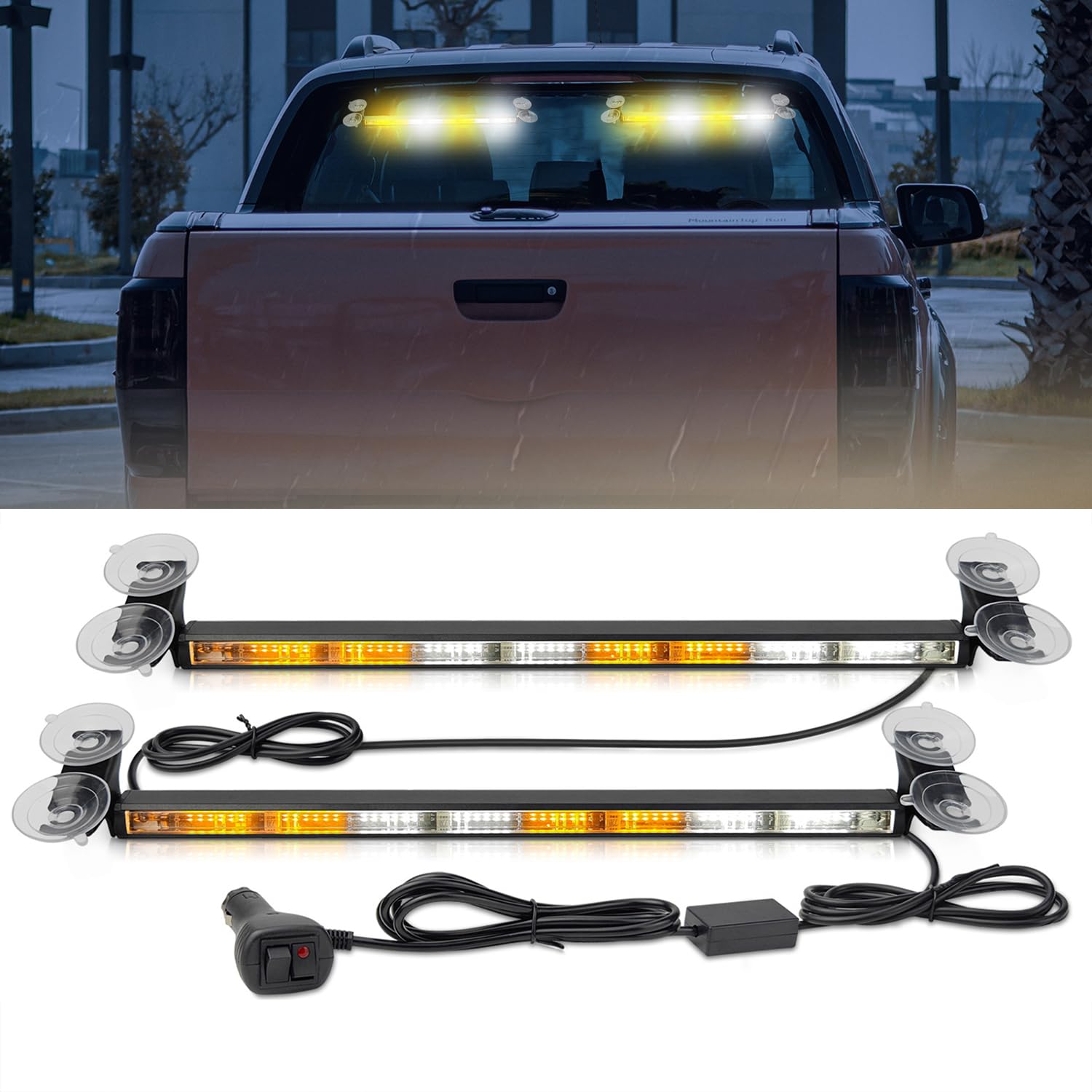 Luci a ventosa per auto,2 PCS Striscia luminosa stroboscopica,Striscia,stroboscopica IP67,23 modalità flash,Cavo di alimentazione da 4,5 m,Bianco e giallo,Per auto, camion, trattori, ecc.