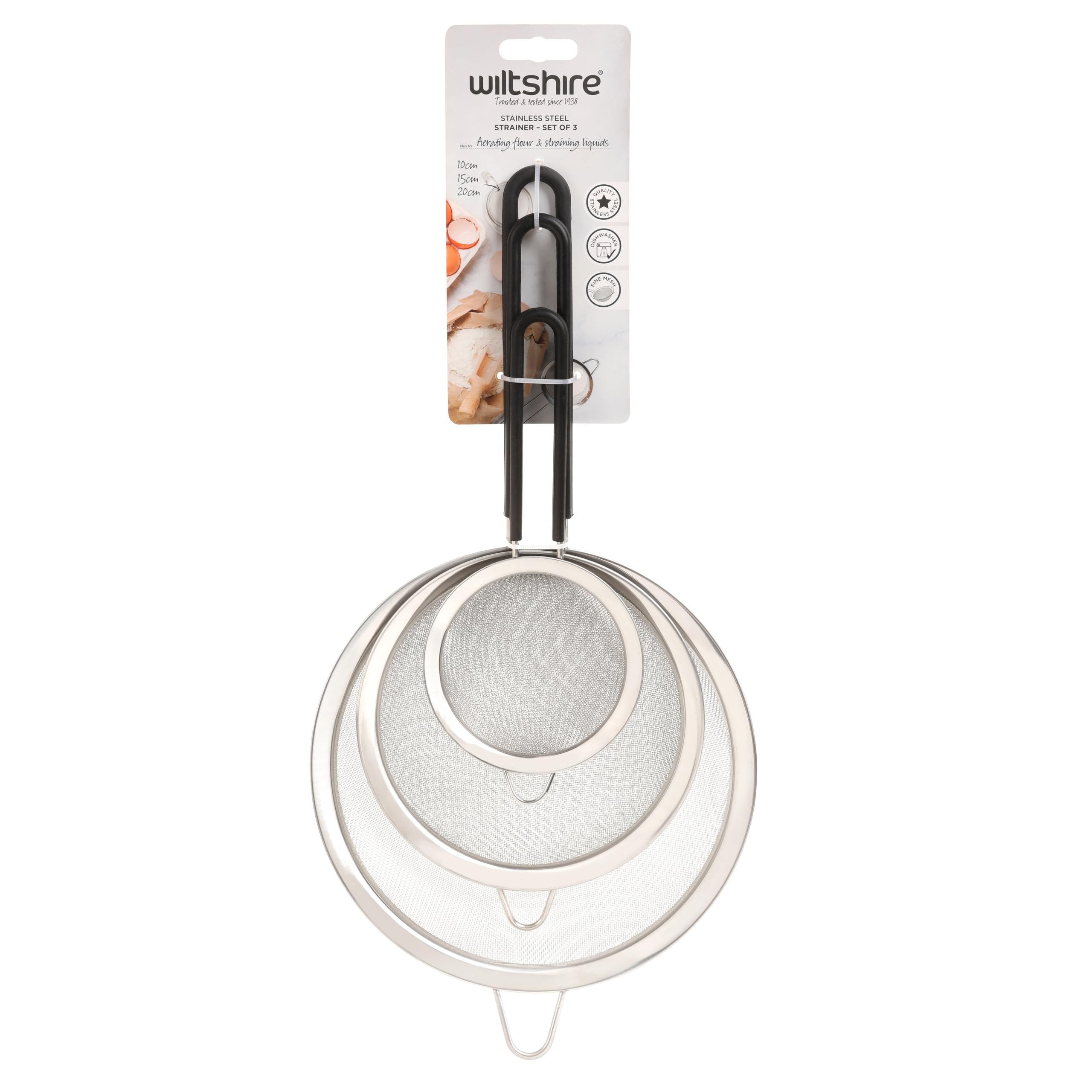 Wiltshire Set of 3 Sieves, Stainless Steel Fine Wire Mesh Strainer with Non-Slip Silicone Coated Handle, Colander & Sifter, Sift Strain Drain & Rinse, 10cm 15cm & 20cm, Dishwasher Safe, Midnight Black - Image 3