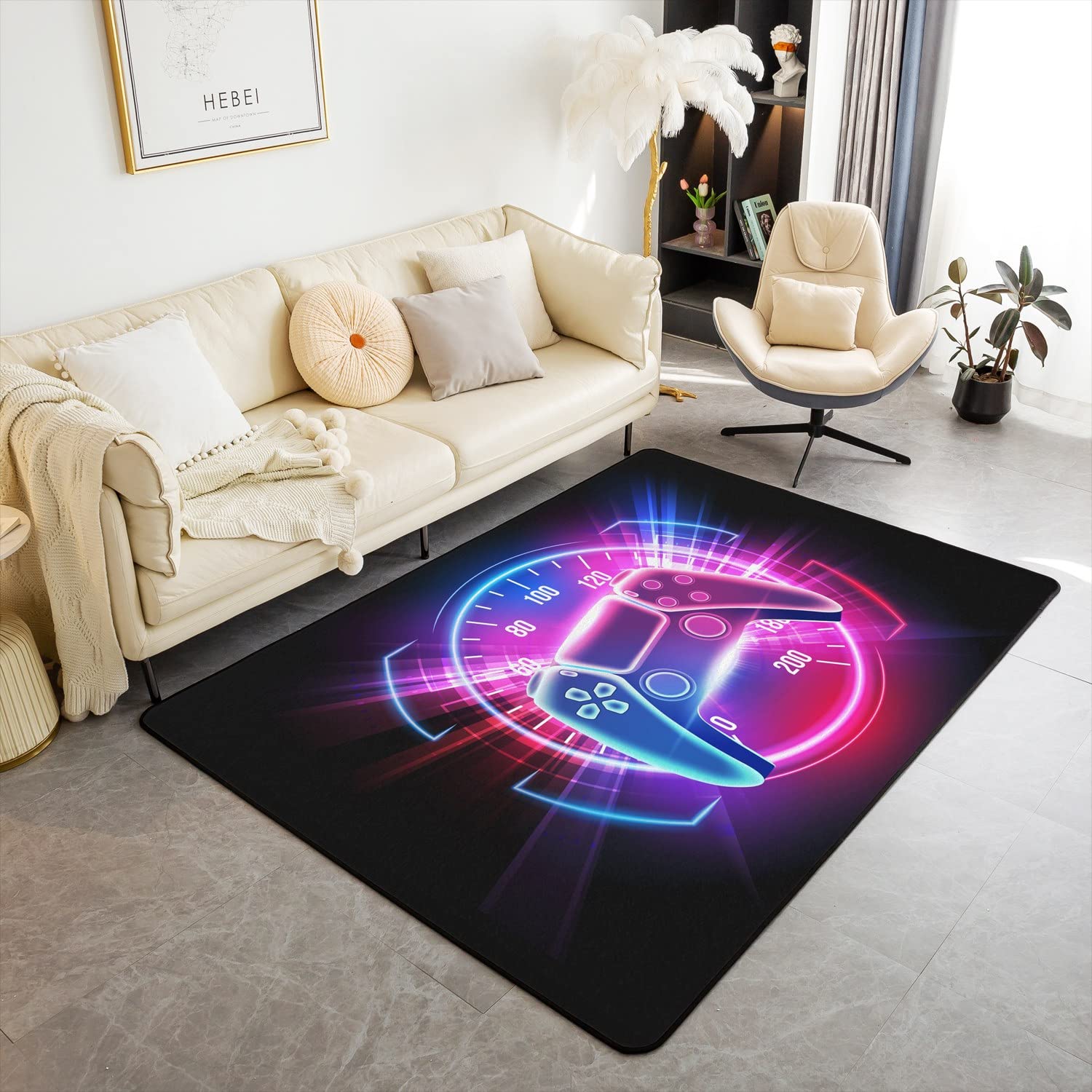 richhome Spielbereich Teppich 150x200,Kinder Spiele Dekor rutschfeste Teppich,Neon Gamepad Videospiele Indoor Fußmatte für Stühle Sofa Schlafzimmer
