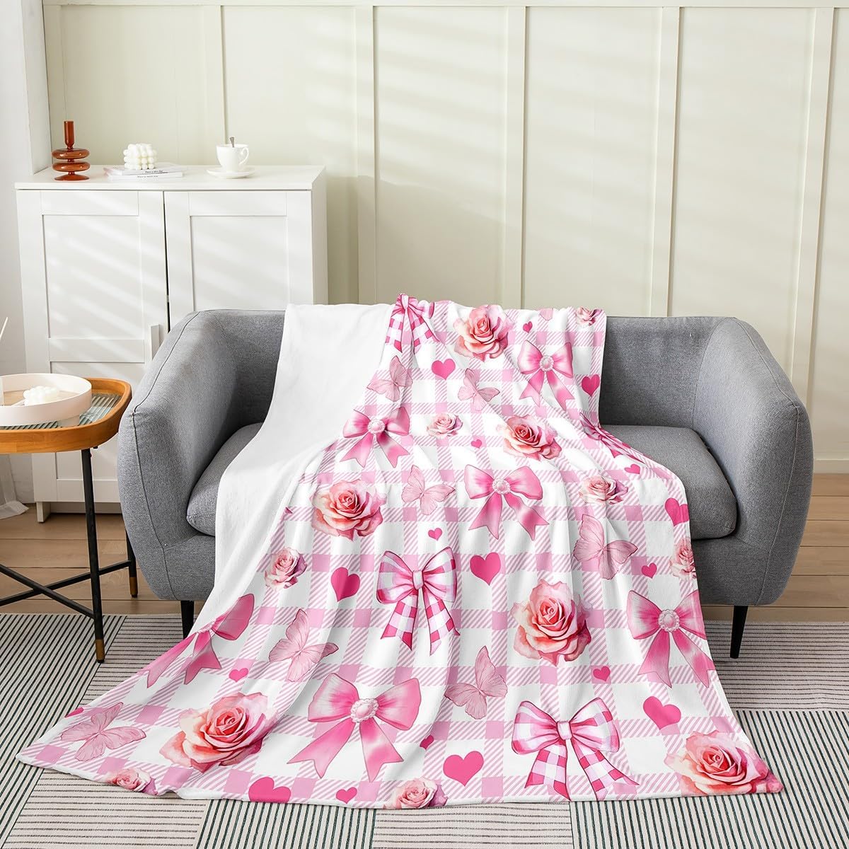 Princess Bow Fleece Blanket,Pink Bowknots Romantic Butterfly Roses Flowers Bed Blanket for Kids Teens,Geometric Plaids Patchwork Flannel Blanket for Room Decor,Queen 90"x90"