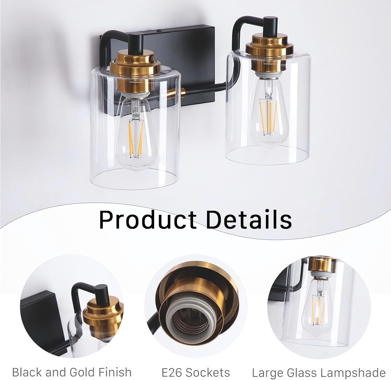 Modern 2-Light Bathroom Vanity Light Fixture, Black and Gold Bathroom Light Fixtures Over Mirror with Large Clear Glass Shades, Farmhouse Wall Sconce for Bedroom Living Room, E26 Base