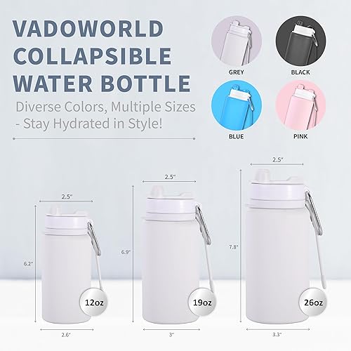 Miniatura 8 de vadoworld Botellas de agua plegables con boquilla y mosquetón, silicona sin olor sin BPA, botella plegable reutilizable a prueba de fugas, perfecta