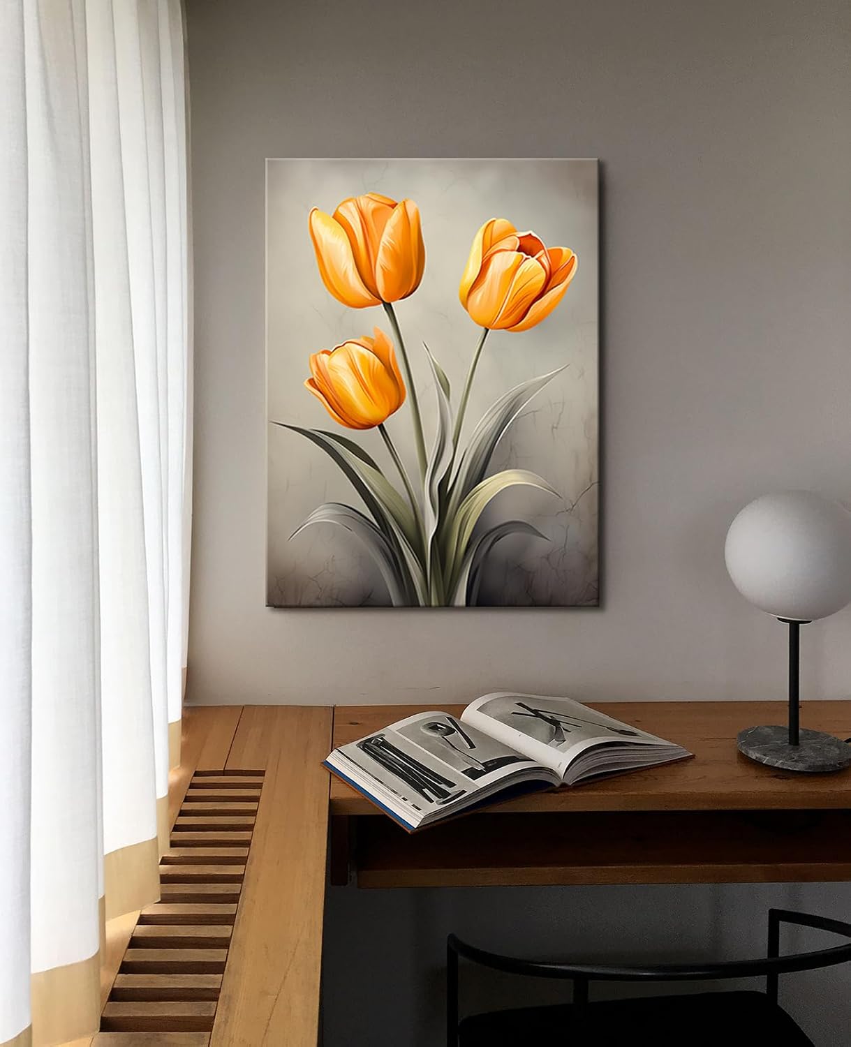 GLOKAKA Flower Canvas Wall Art Rustic Tulip Wall Decor Yellow Orange Tulip Floral Abstract Painting Print Picture Artwork for Bedroom Modern Home Office Decor,Ready to Hang