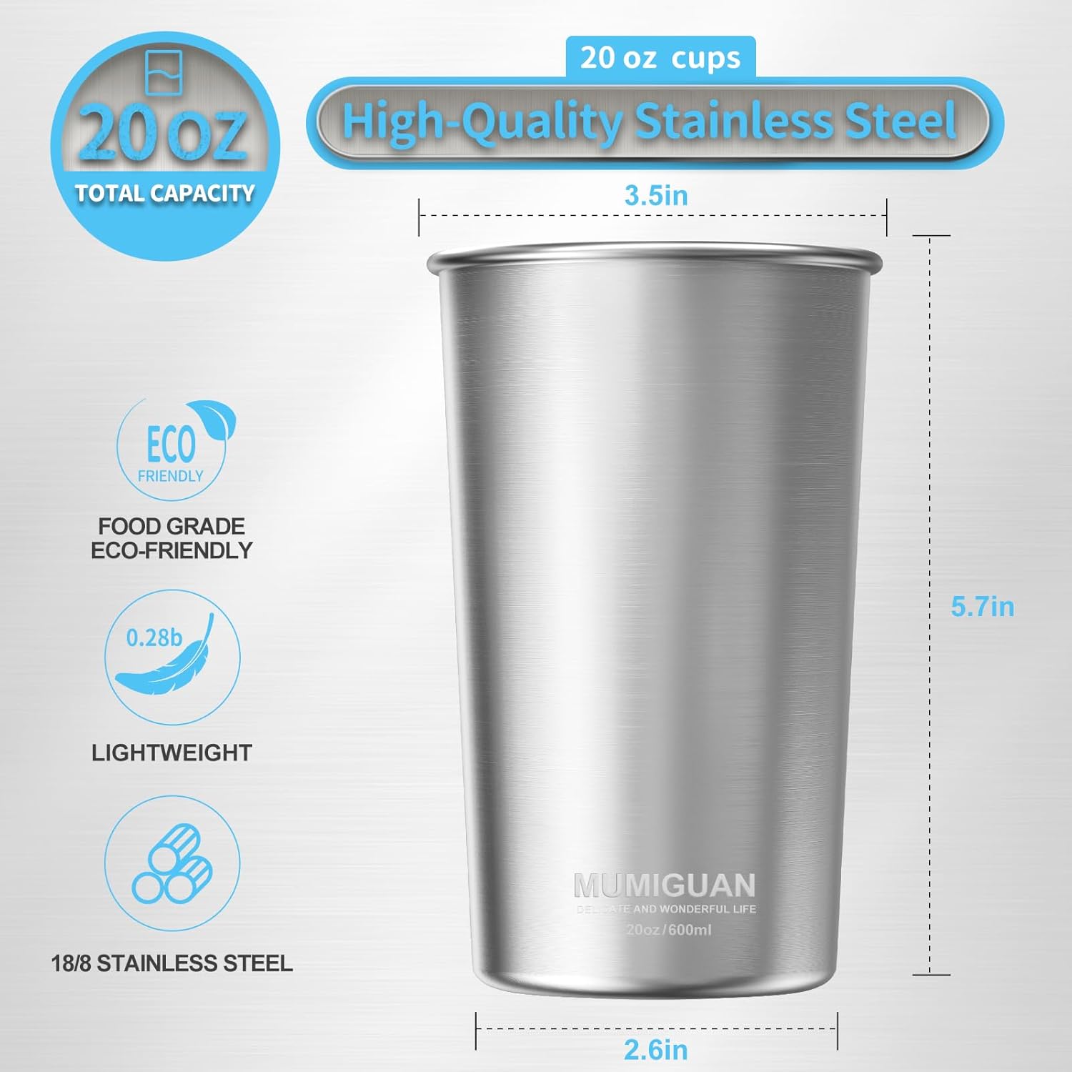 Stainless Steel Cups 20oz/600ml (4 Pack), Stainless Steel Pint Tumbler, Camping Stainless Steel Cups, Stackable Metal Drinking Glasses, BPA Free, Stackable, Durable.