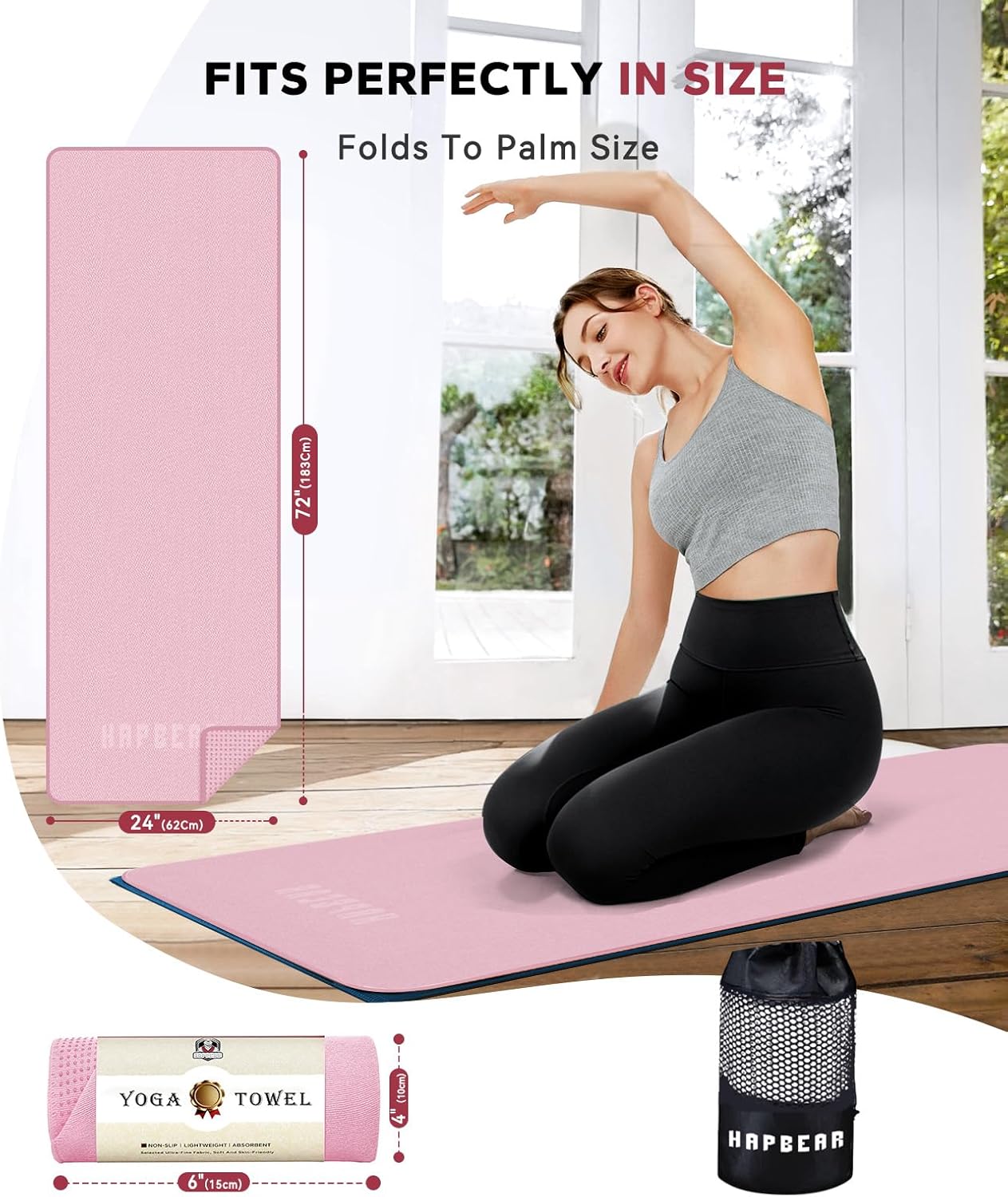 HAPBEAR Hot Yoga Towel with Non-Slip Grip Dots, Super-Absorbent Microfiber Yoga Mat Towel for Sweaty Bikram, Pilates and Studio Workouts - Pink