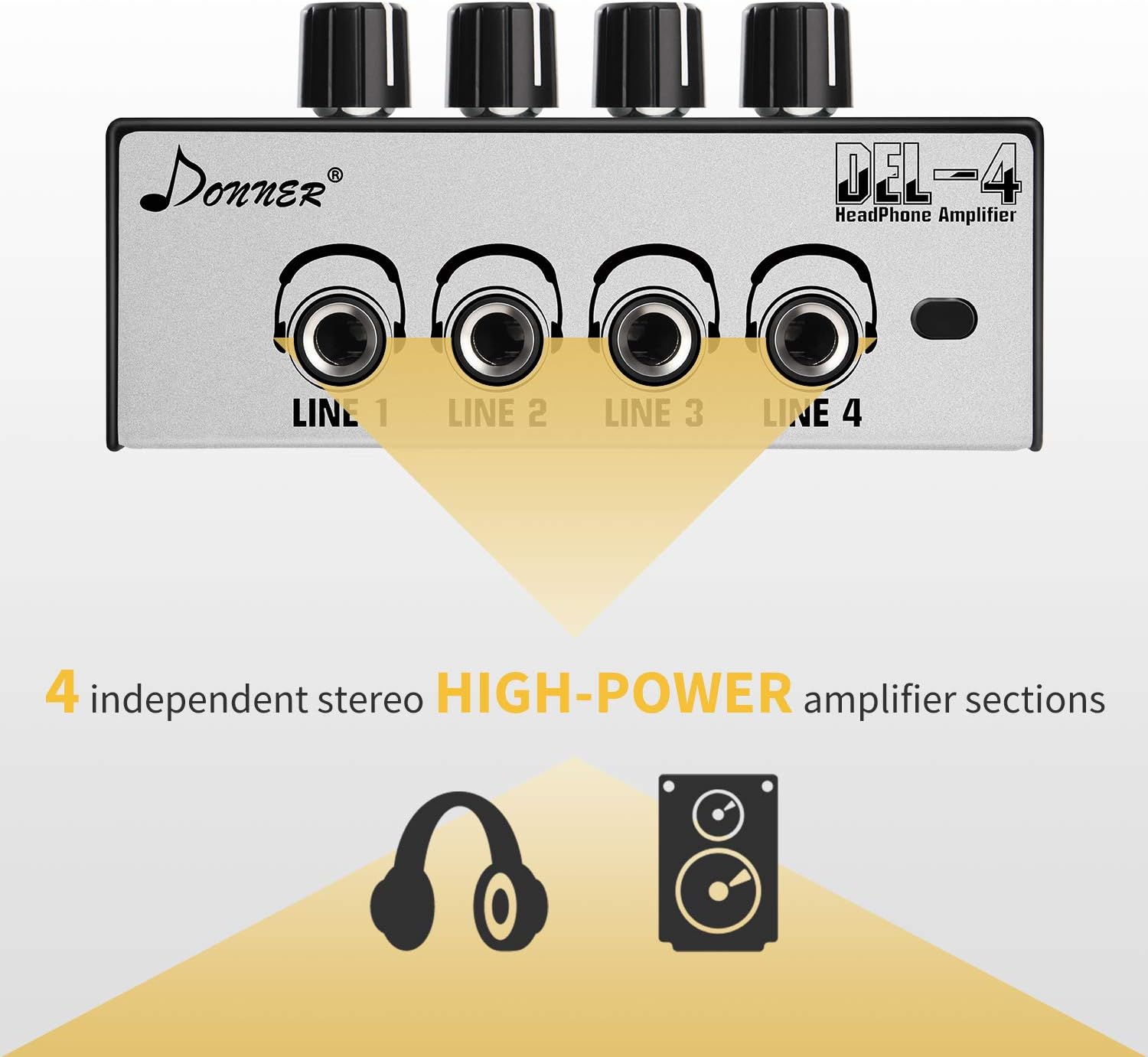 Headphone Amplifier Donner 4 Channels Metal Stereo Audio Amplifier,Mini Earphone Splitter with Power Adapter-4x Quarter Inch Balanced TRS Headphones Output and TRS Audio Input for Sound Mixer-DEL-4