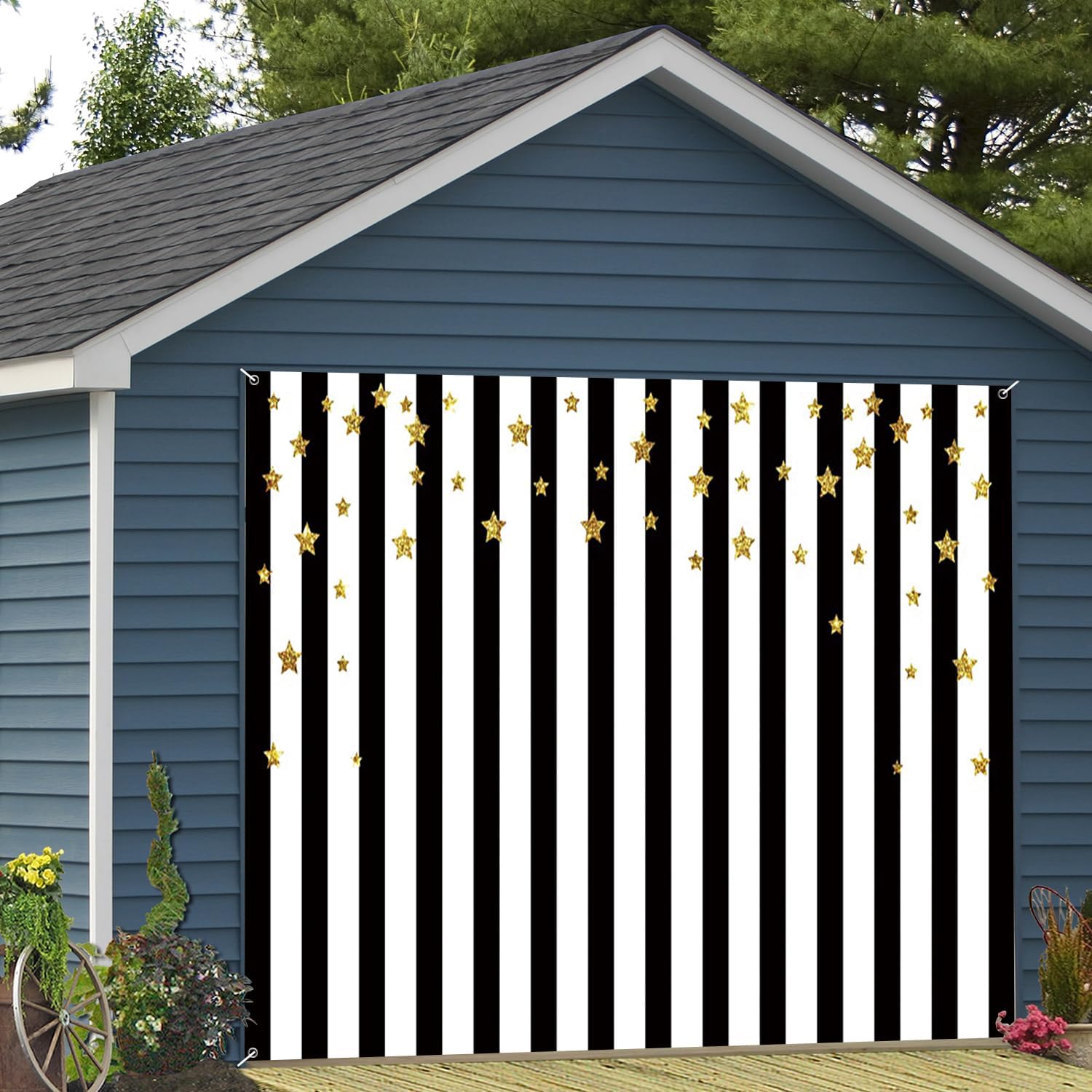 7x8ft Black White Stripe Garage Door Decor Golden Glitter Twinkle Littler Star Garage Door Backdrops for Princess Girls Newborn Baby Shower Cake Table Decoration Backdrops