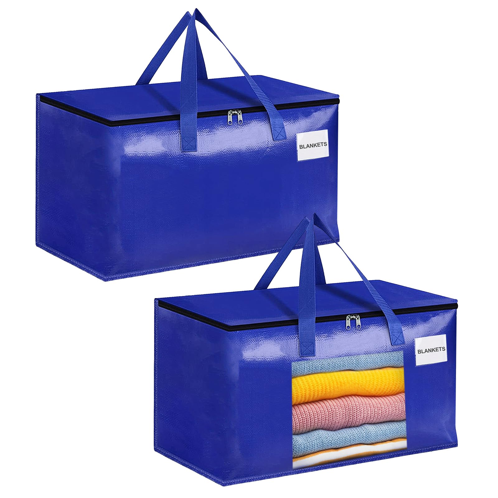 Minicoco 2 Packs, 90L Large Clothes Storage Bags, Closet Organizers and Storage with Reinforced Handle, Zips and Tag Pocket Moving House, Storaging Clothes, Bedding Travelling, Camping (Blue)