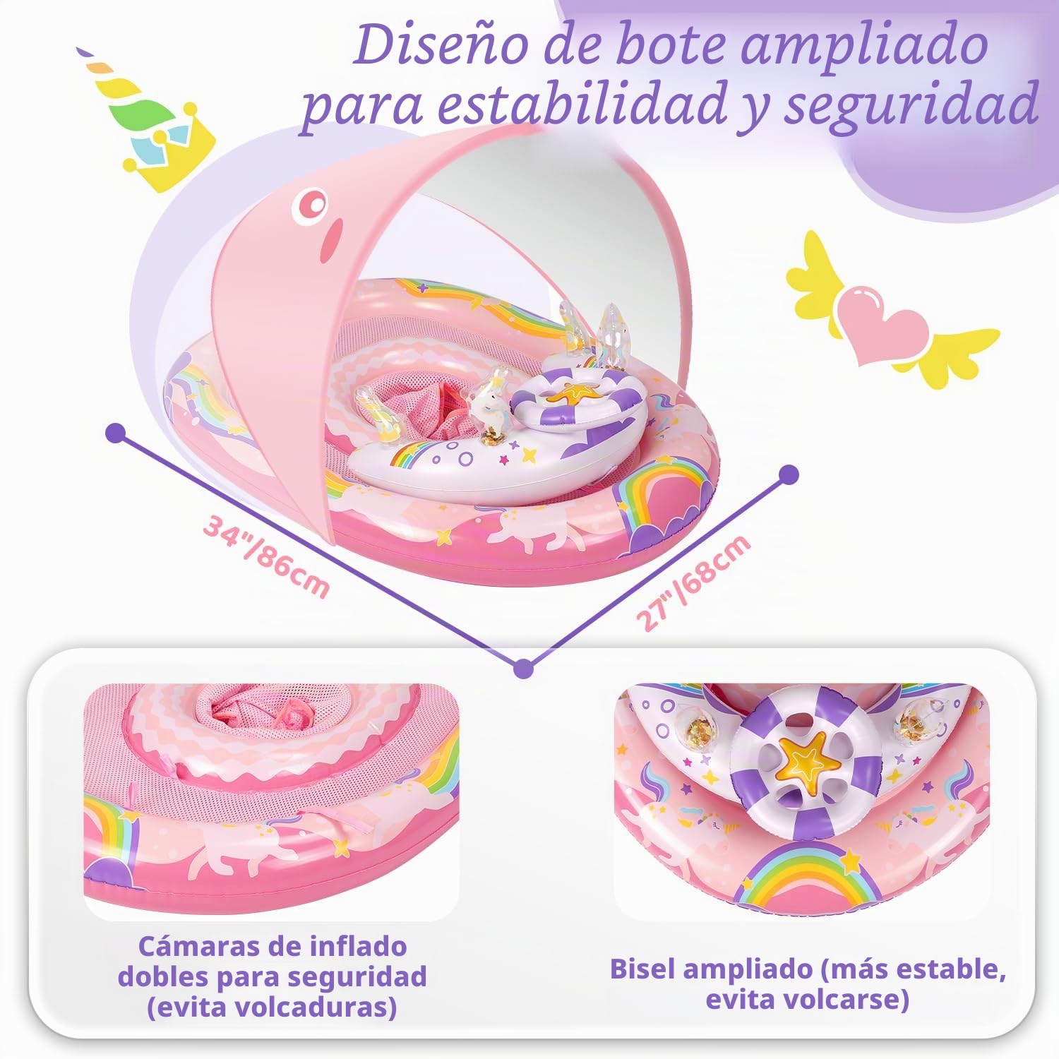 ACELIFE Flotador para bebé, Flotador de Unicornio para bebé con UPF50+ sombrilla Desmontable, con Flotador Hinchable para bebés de 6 a 36