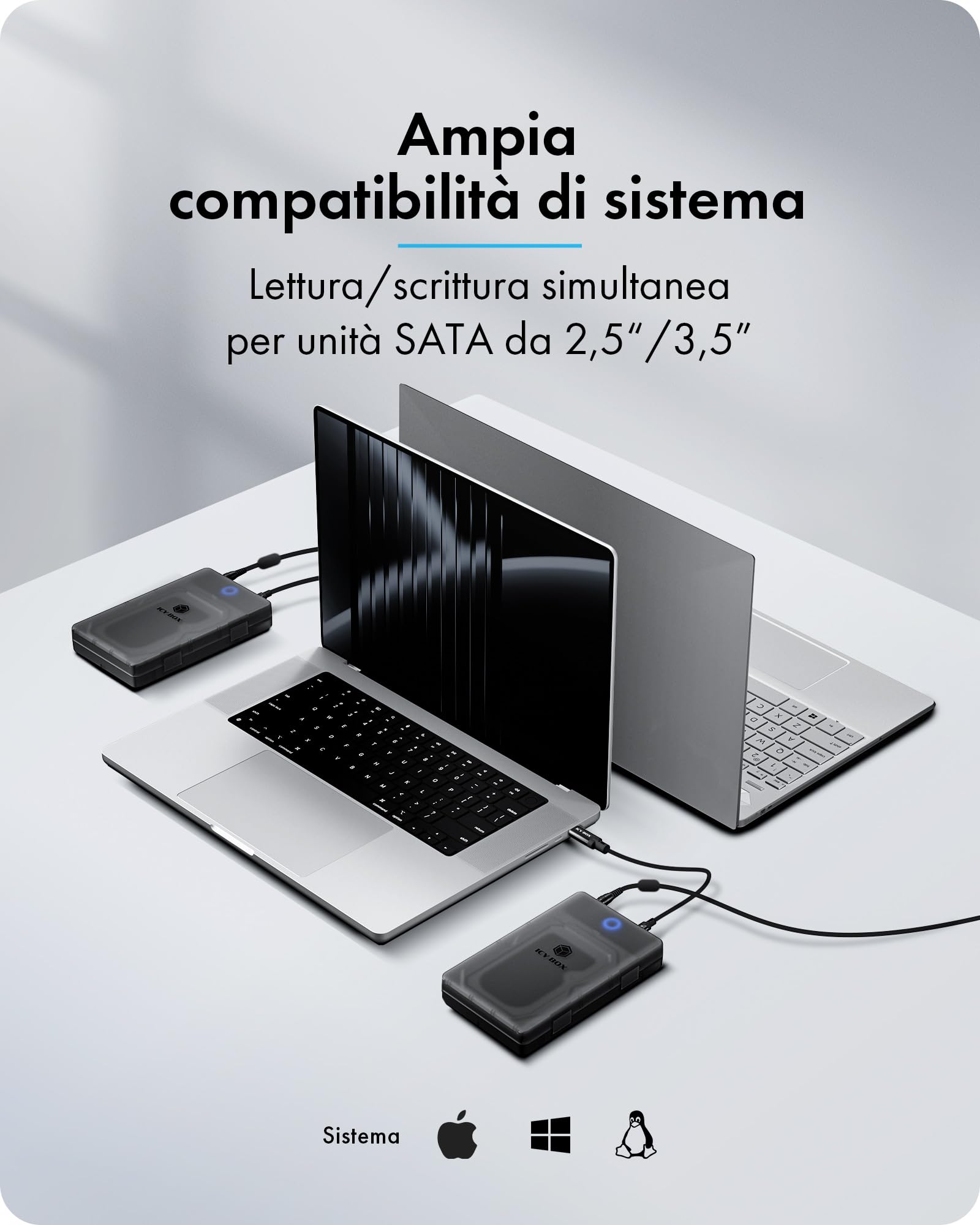 ICY BOX Spade Base 388 (case SATA 2,5"/3,5"), USB 3.2 Gen 1 Type-C, fino a 5 Gbit/s, UASP, Plug & Play, senza attrezzi, LED, fino a 30 TB, IB-388-CU3