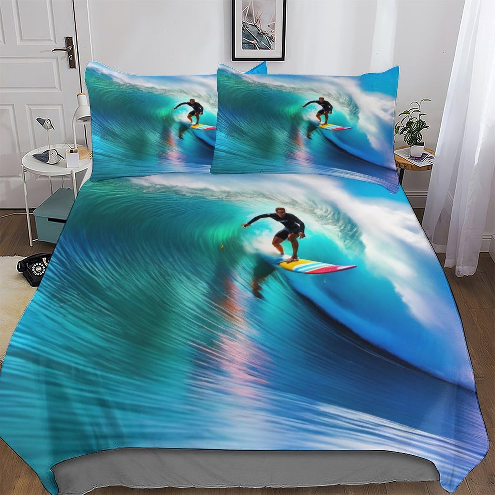 Surf 3D Printed Fleece Quilt Cover Cosy Super Soft Duvet Cover Brushed Microfiber Comforter Cover Bedding 3 Pcs Set with Pillow Case for Kids, Youth And Adult Double (200x200cm)