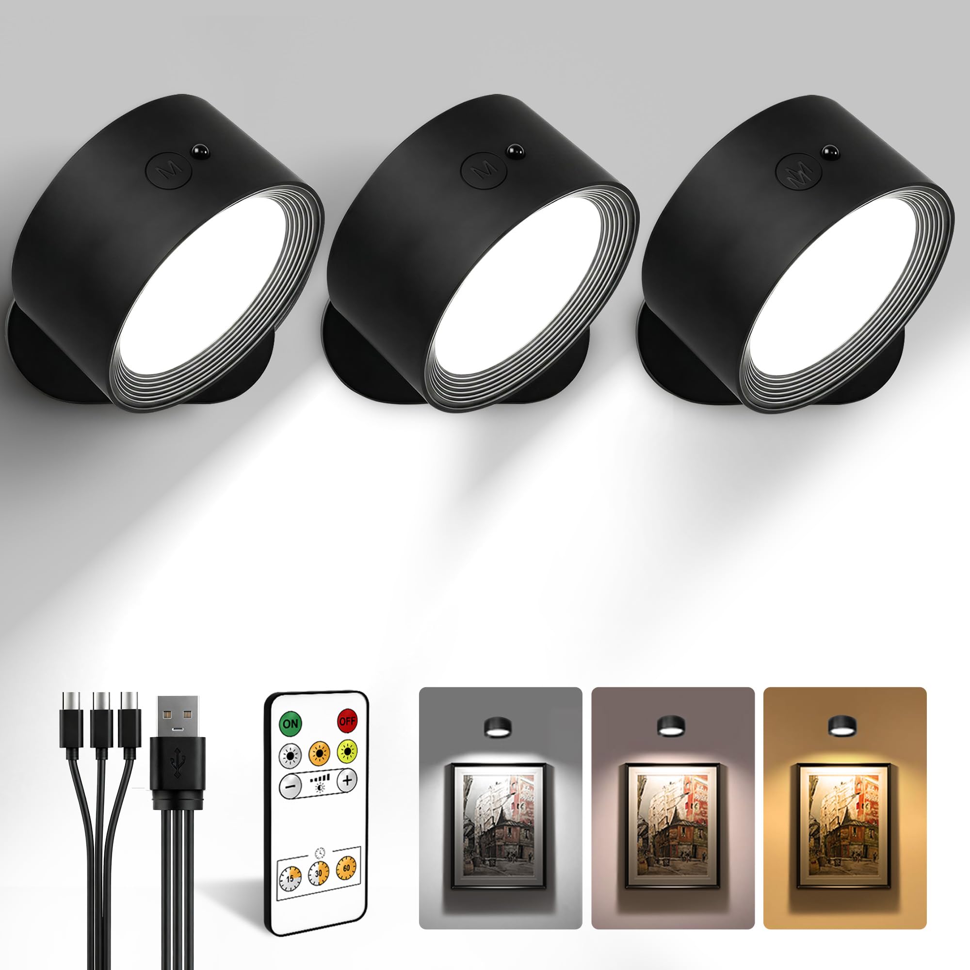 Photo 1 of LED Wall Mounted Lights, Rechargeable Wall Sconces with Remote & Touch Control, 3 Color Temperatures 360° Rotation Dimmable Cordless Wall Light for Bedroom Study Reading Bedside (Black, 3 Pack)
