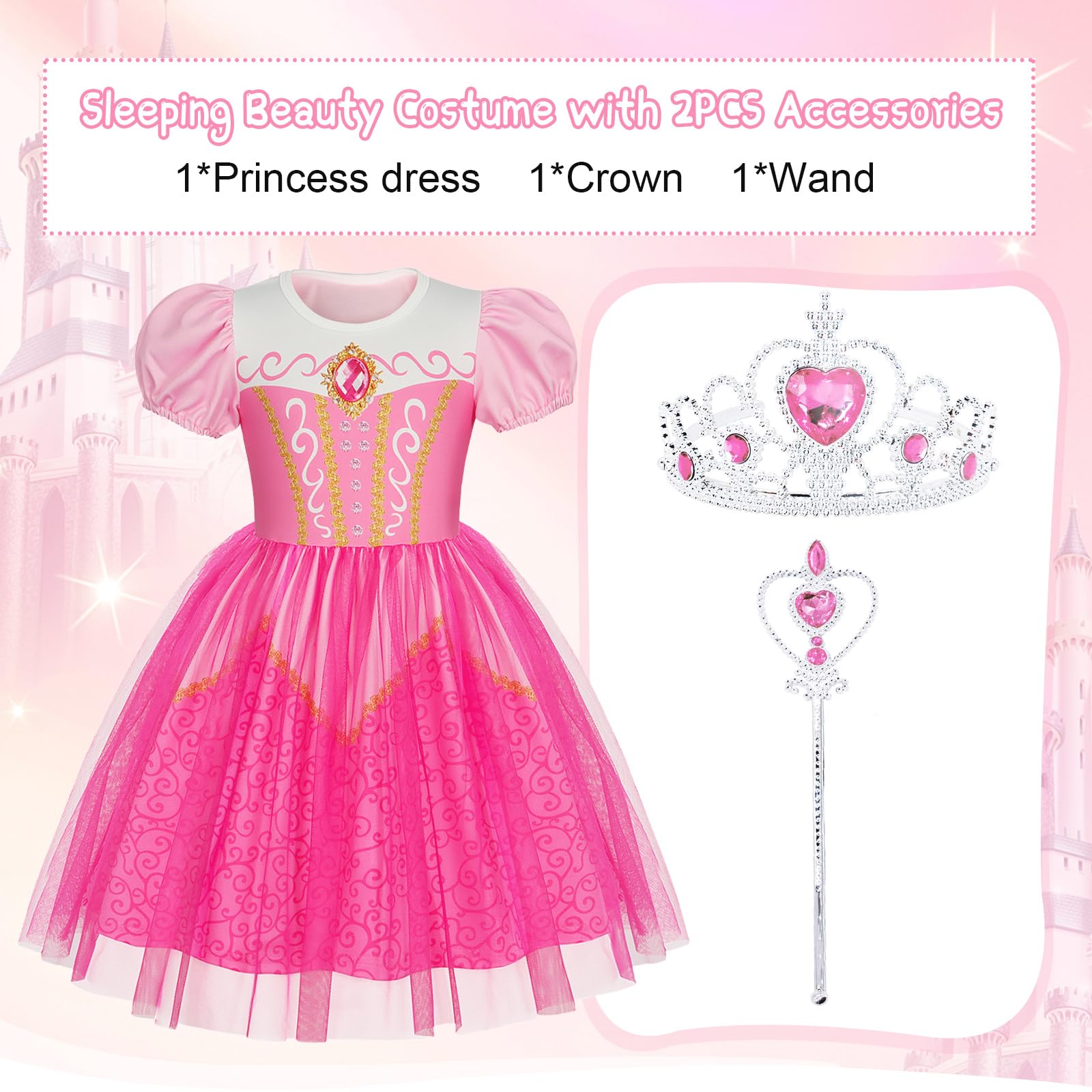 Berich Princess Costume with Crown Princess Costumes for Girls Halloween Outfits Christmas Gifts World Book Day Week Pink Dress up for Girls 3-4 Years(Pink,110) - Image 3
