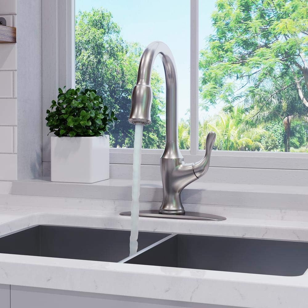 Pfister Deming Kitchen Faucet with Pull Down Sprayer and Soap Dispenser, Single Handle, High Arc, Spot Defense Stainless Steel Finish, F5297DMGS