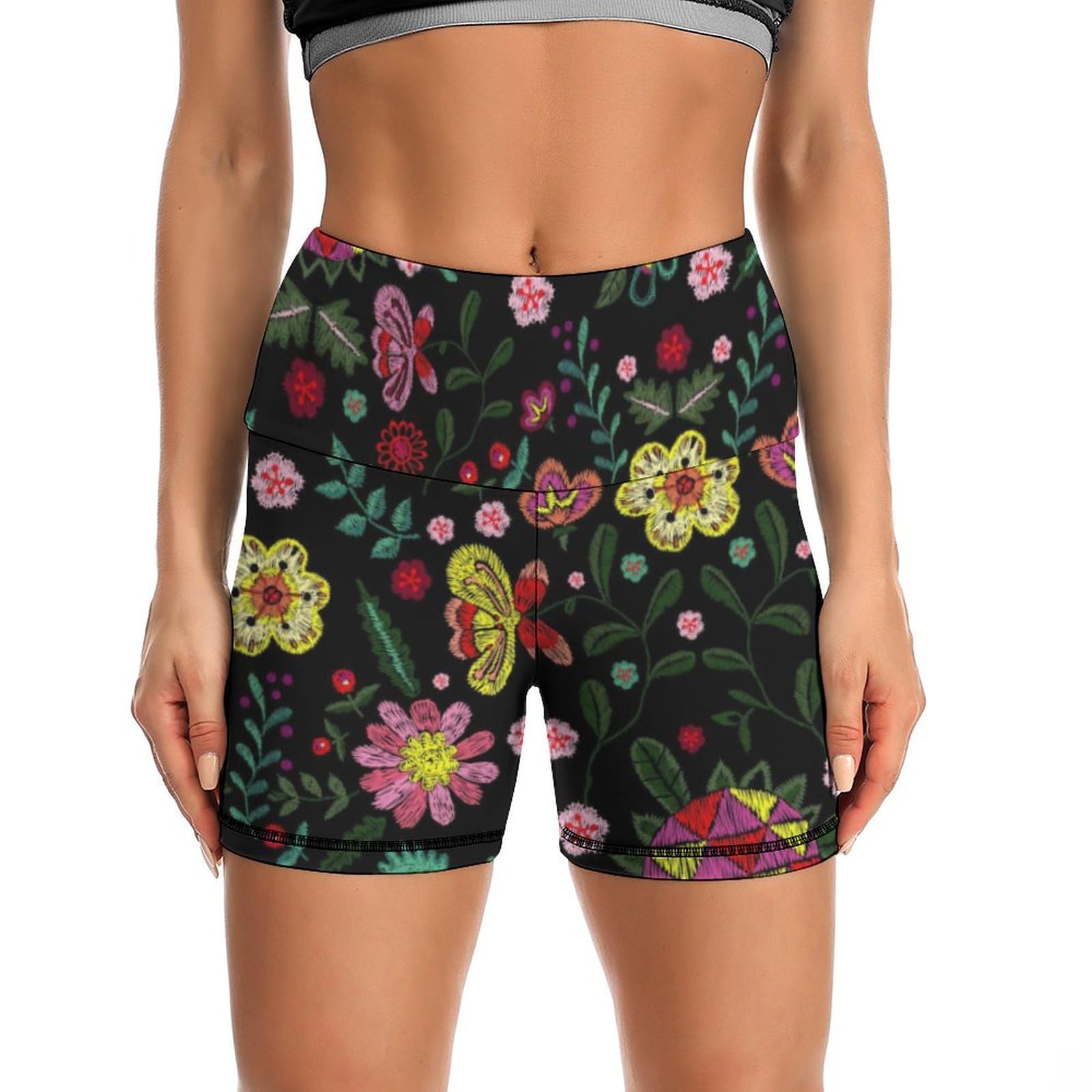 Floral Mexican Embroidery Birds High Waist Yoga Shorts for Women Athletic Shorts Leggings Running Pants Black