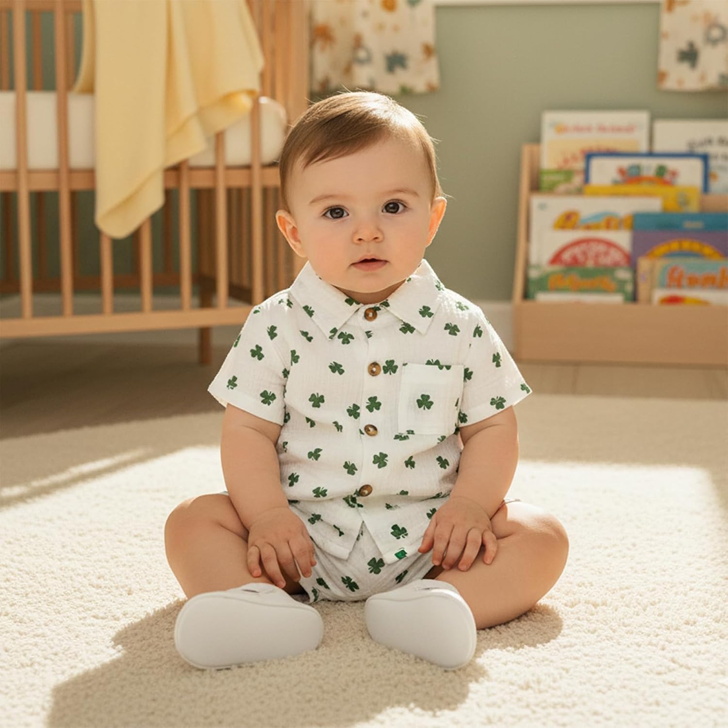 Toddler Baby Boy St Patricks Day Outfit Clover Button Down Short Sleeve Muslin Shirt Top and Shorts Set Irish Clothes - Image 3