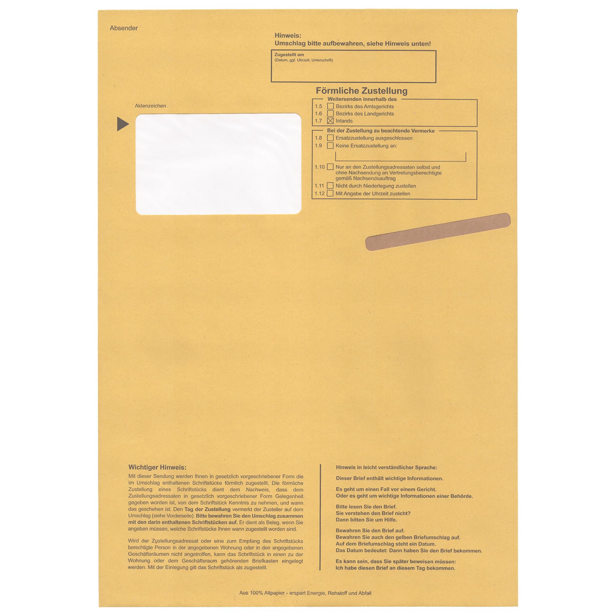 Postzustellungsumschläge C4 „ Förmliche Zustellung “ - Postzustellungshüllen C4 mit Fenster (229 x 324 mm), gelb, haftklebend, 100 g/m² Recyclingpapier – Einsteckschlitz & Inlet (Anzahl 100)