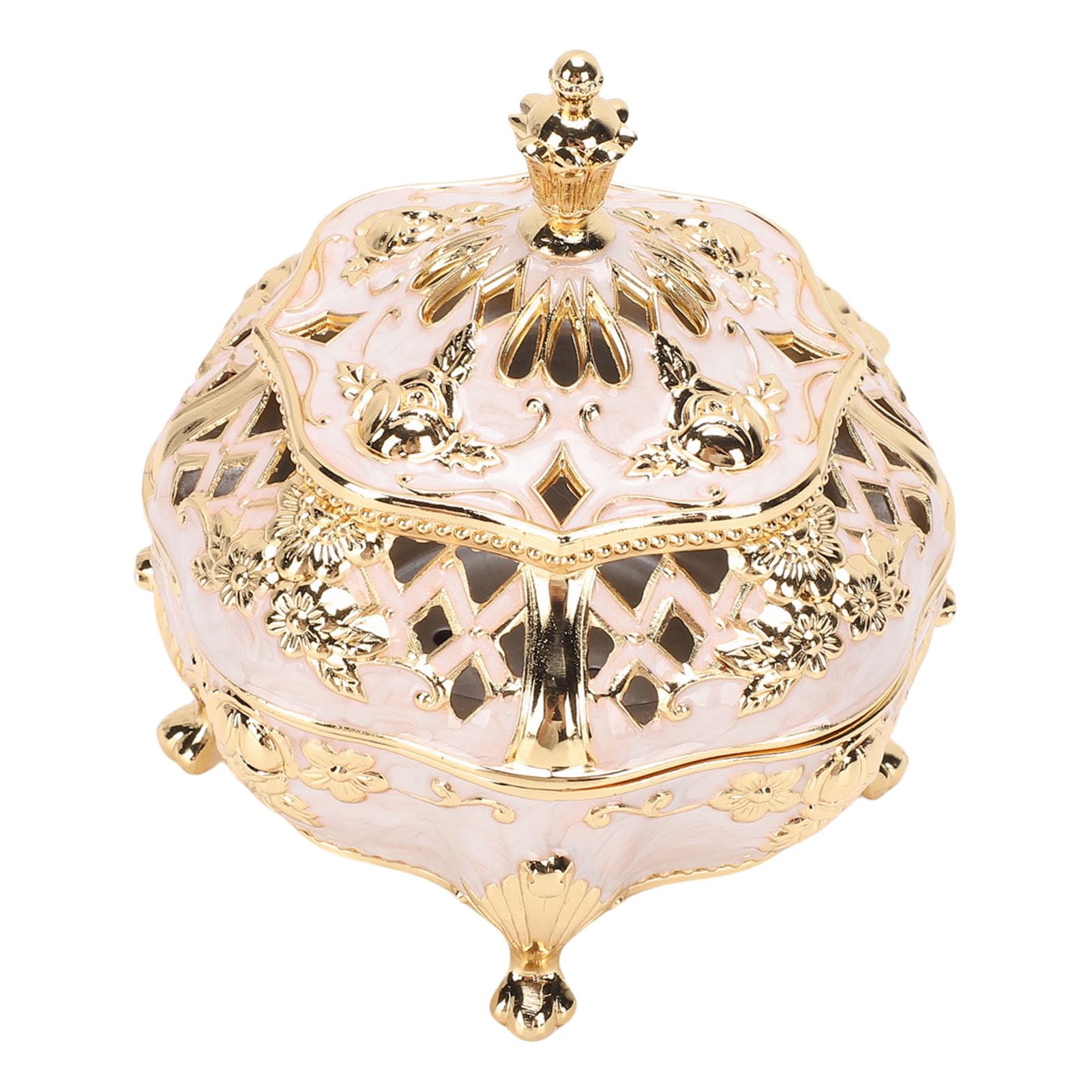 OEBUAFI Exquisite Design, Cone Incense Burn Holder with Lid European Style, Vintage Incense Stand Metal Alloy Carved Ornament for Indoor Decoration (Gold White)
