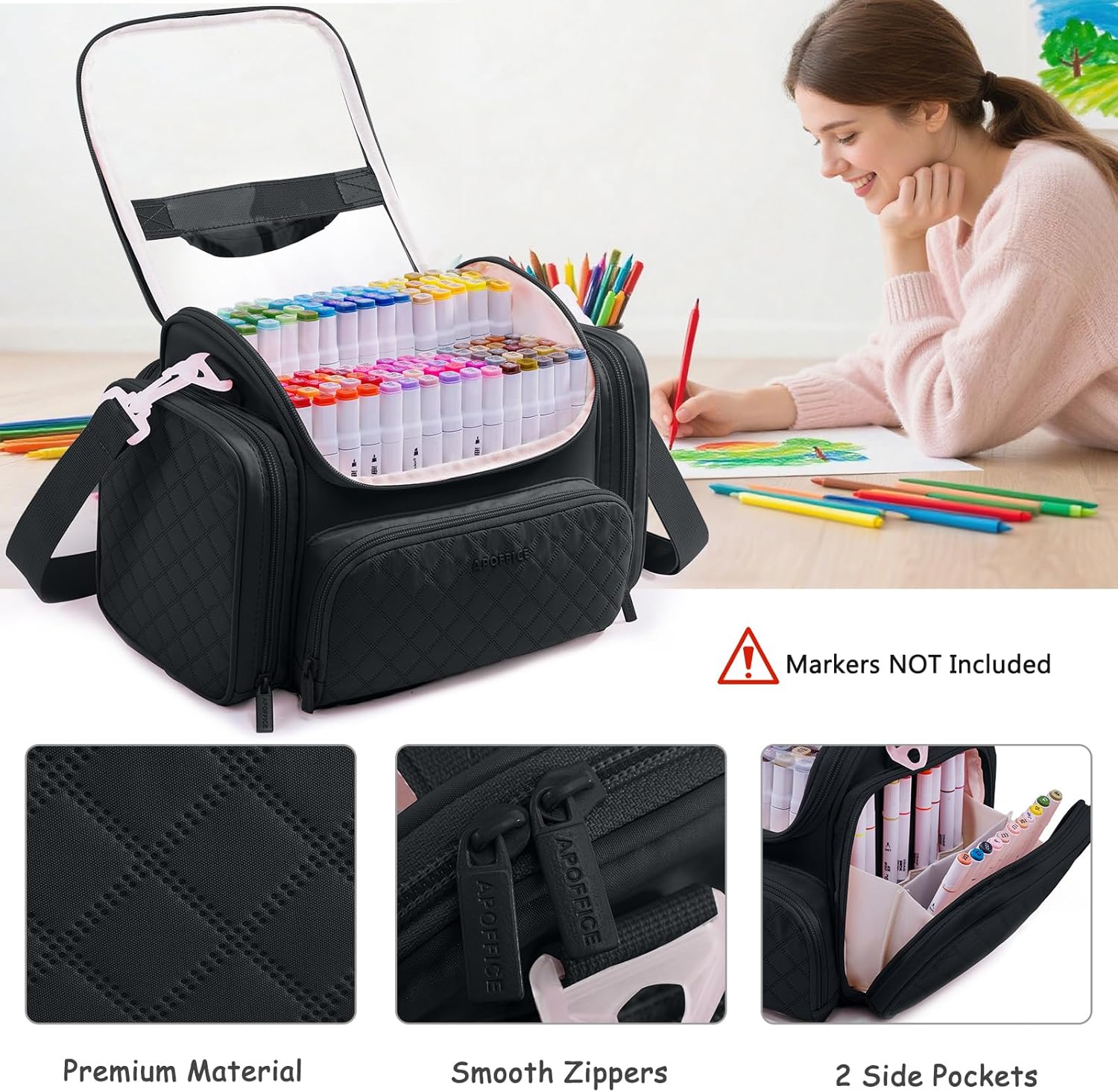 Marker Organizer Case Bag for 200-300 Markers – Large Art Supply Storage Bag with Detachable Dividers, Travel Marker Holder for Alcohol Markers, Brush Pens, Colored Pencils & Craft Supplies