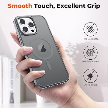 zapica マグネット式 iPhone 14 Pro Max用 ケース、MagSafe対応 10フィート軍用グレードの落下保護 スリム半透明マット耐衝撃傷防止携帯電話ケース、ダークグレー