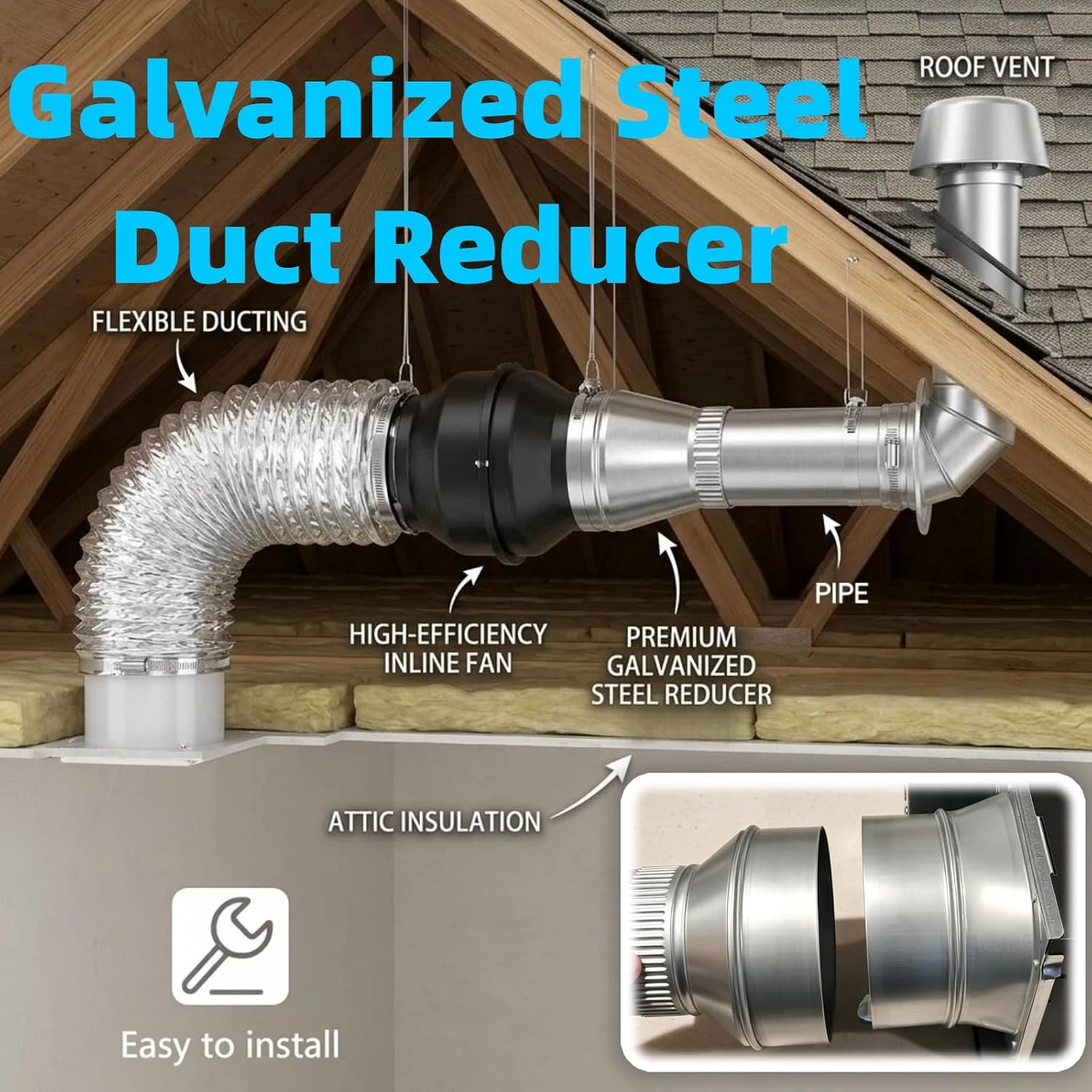 8 inch to 6 inch Dia Duct Reducer Galvanized Steel Air Duct Adapter Metal Pipe Increaser Connector,Vent Reducer for Bathroom Kitchen Ventilation Systems